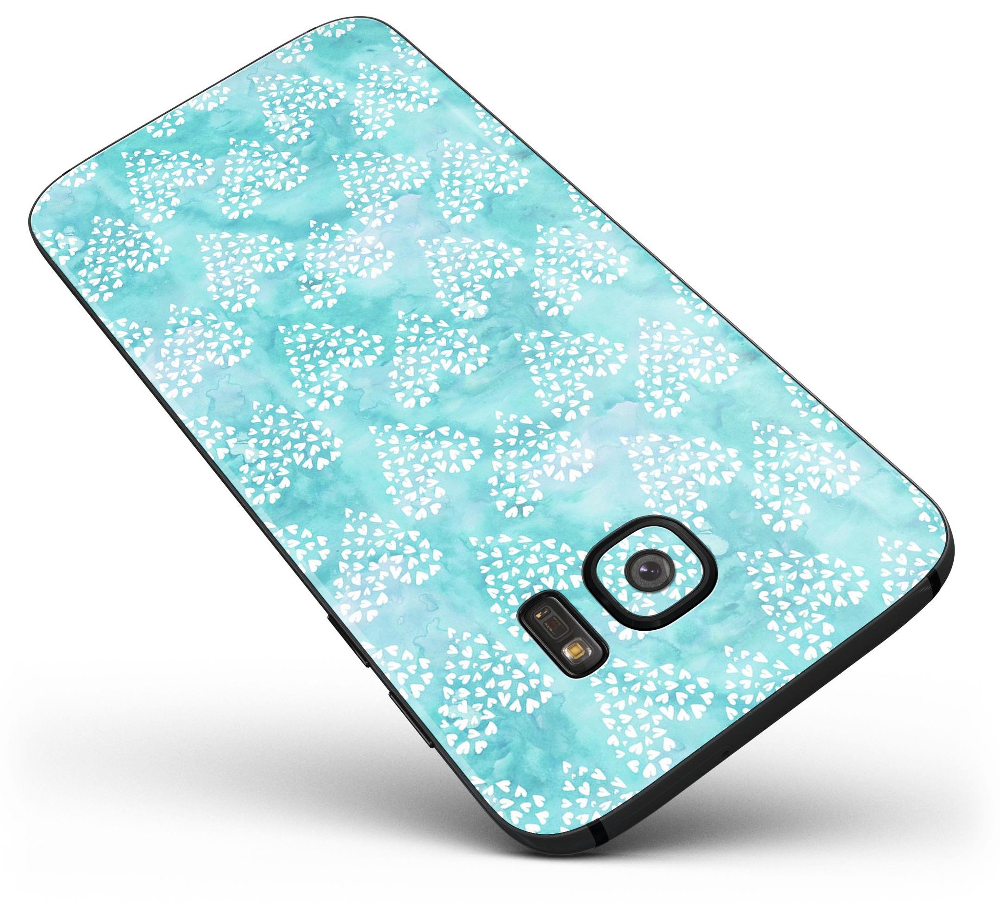 Green and white watercolor hearts pattern skin for Samsung Galaxy S7 and S7 Edge, showcasing vibrant colors and stylish design.