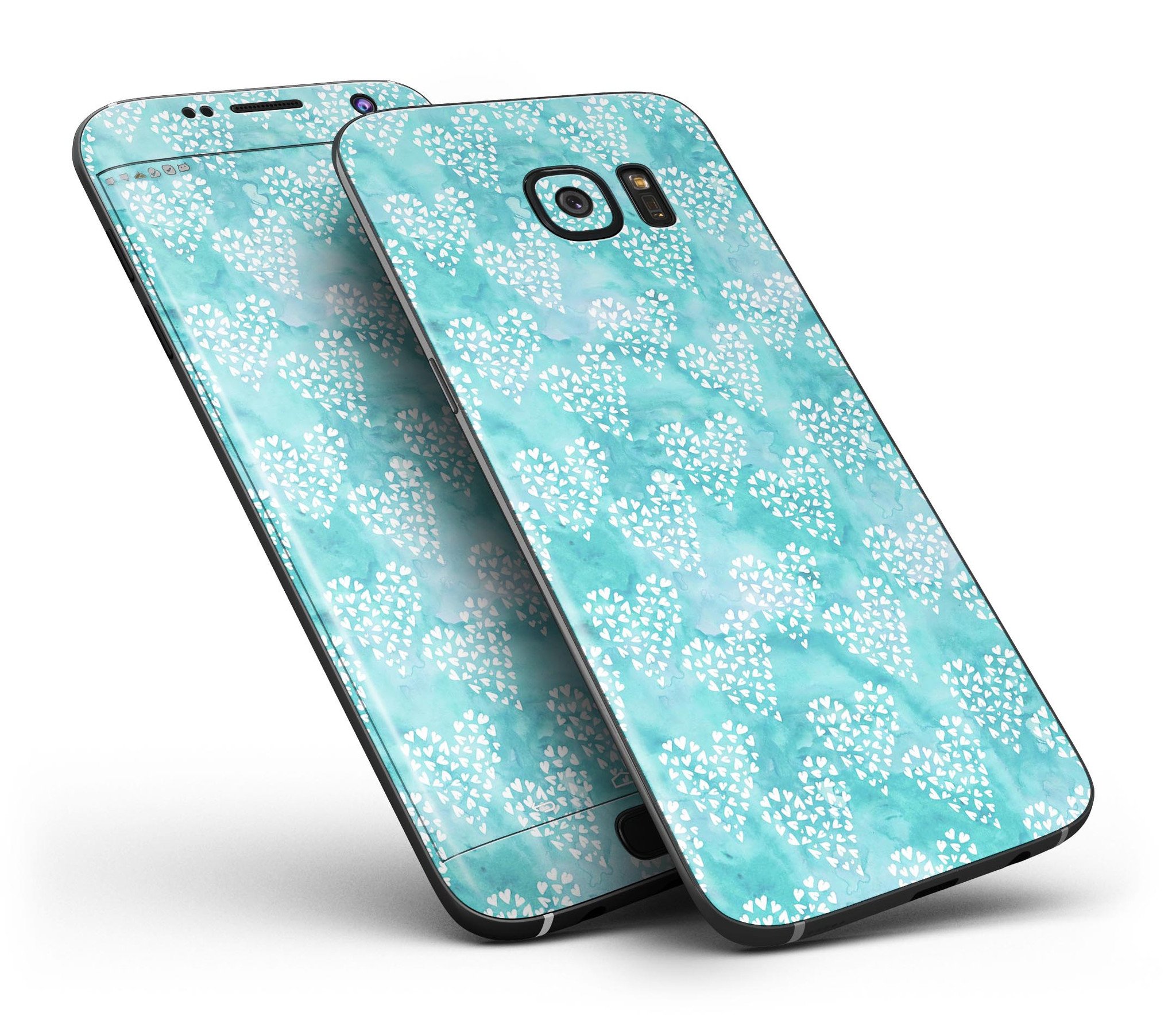 Green and white watercolor hearts pattern skin for Samsung Galaxy S7 and S7 Edge, showcasing vibrant colors and stylish design.