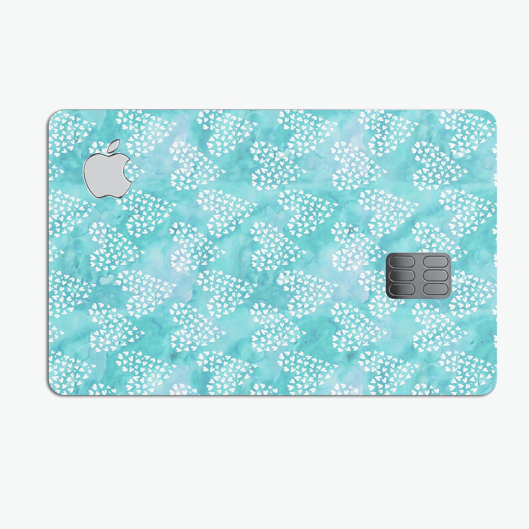 Green and white watercolor hearts pattern protective decal for Apple Card, showcasing a stylish design and premium quality.