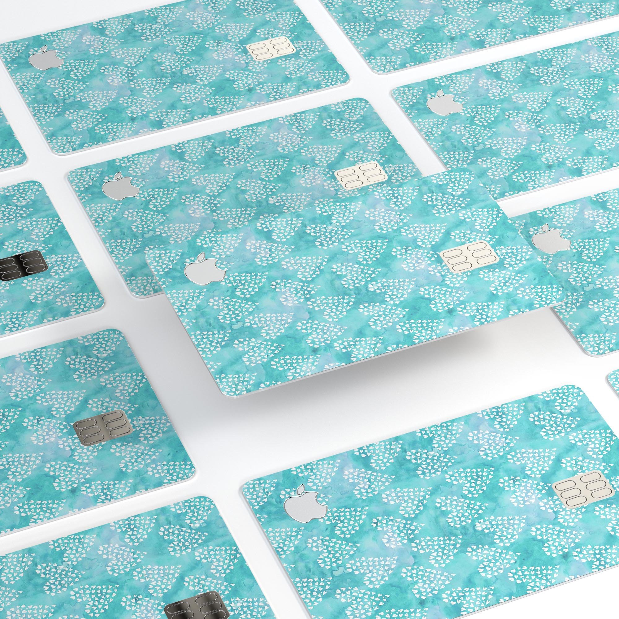 Green and white watercolor hearts pattern protective decal for Apple Card, showcasing a stylish design and premium quality.