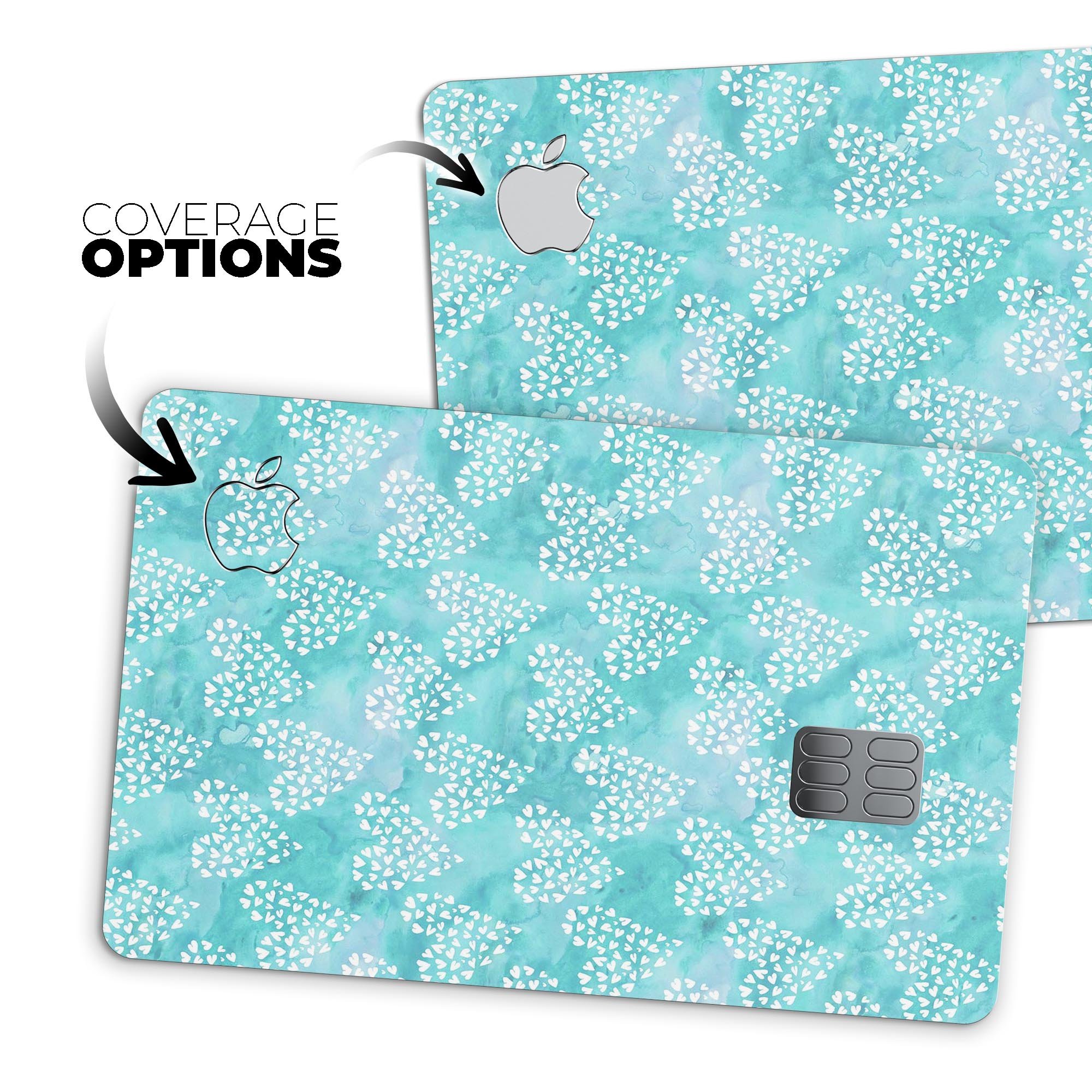 Green and white watercolor hearts pattern protective decal for Apple Card, showcasing a stylish design and premium quality.