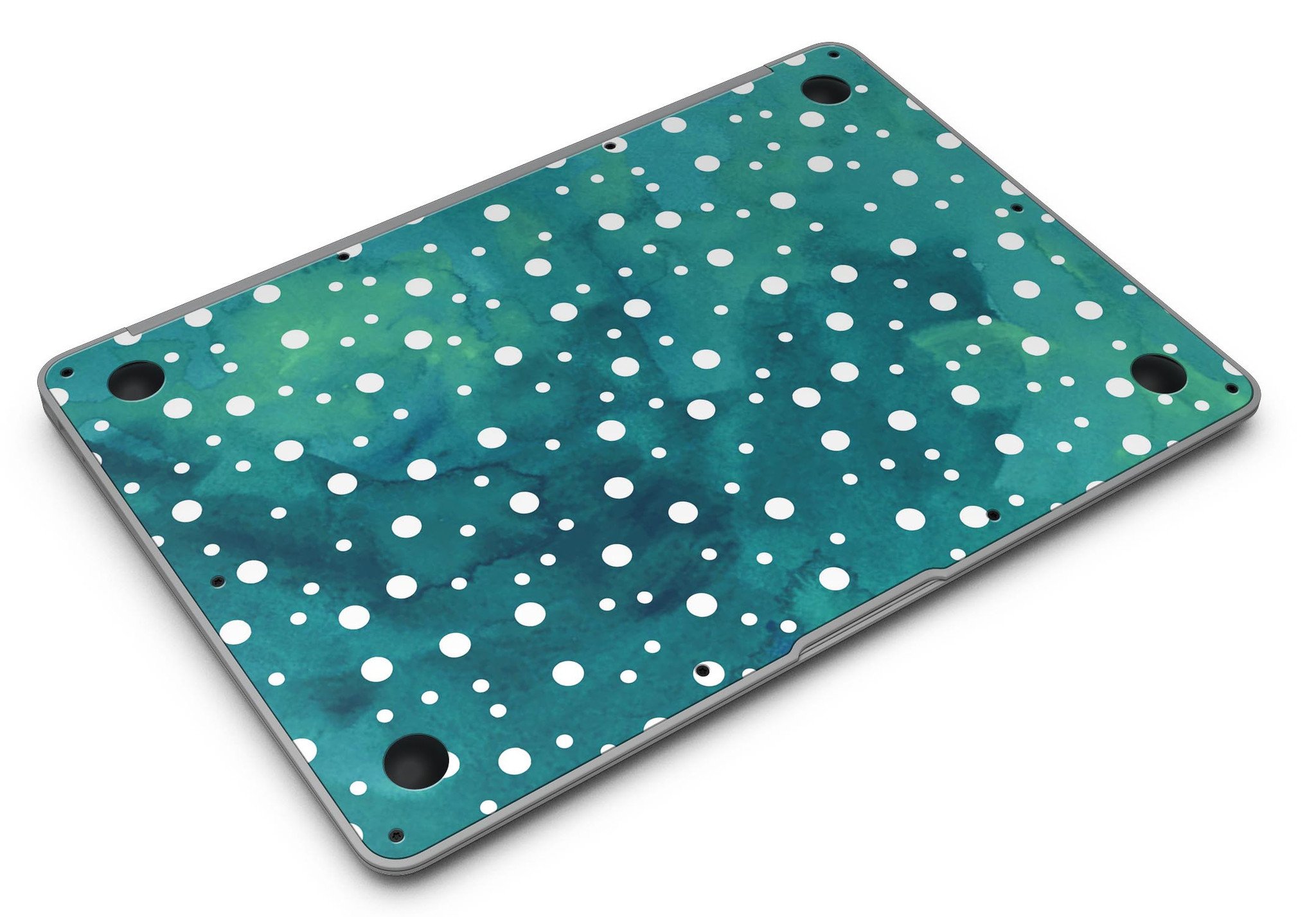 Green and white watercolor polka dots skin kit for MacBook Air, showcasing vibrant colors and stylish design.