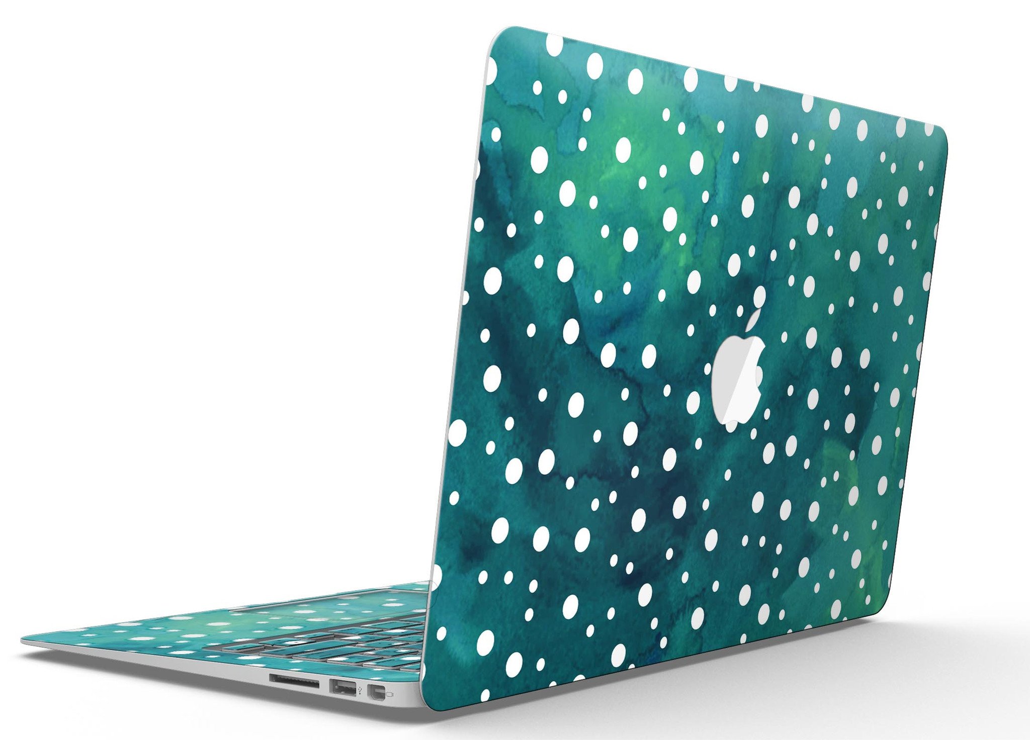 Green and white watercolor polka dots skin kit for MacBook Air, showcasing vibrant colors and stylish design.