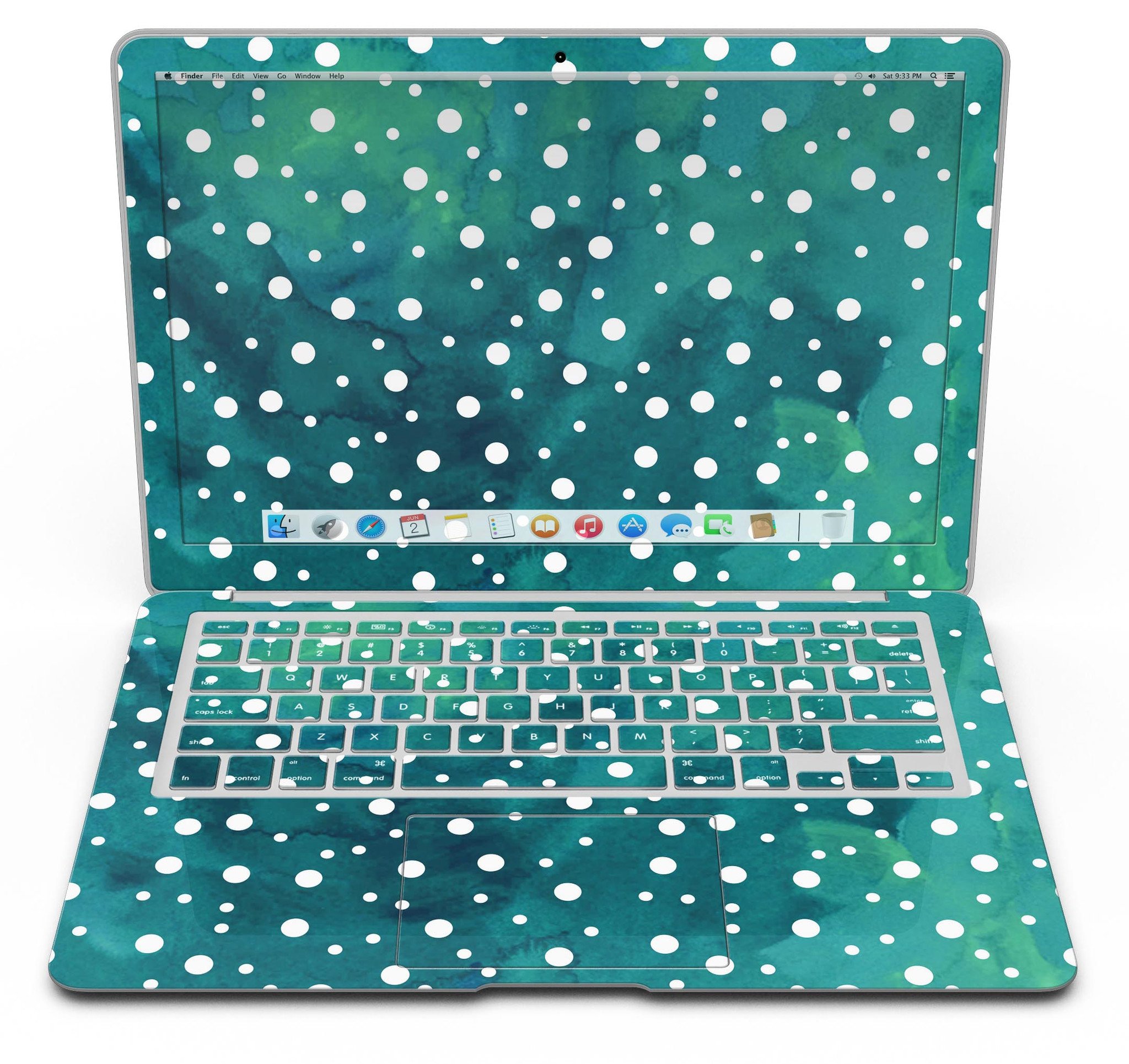 Green and white watercolor polka dots skin kit for MacBook Air, showcasing vibrant colors and stylish design.