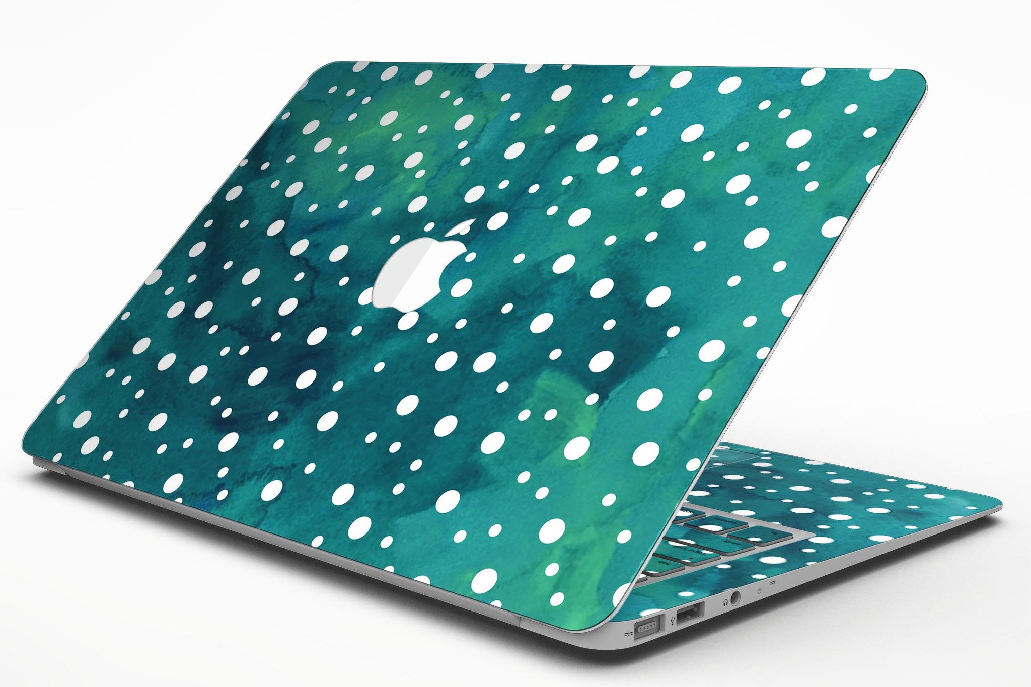 Green and white watercolor polka dots skin kit for MacBook Air, showcasing vibrant colors and stylish design.