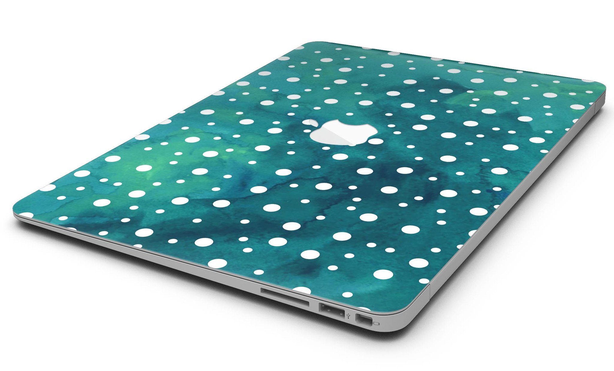 Green and white watercolor polka dots skin kit for MacBook Air, showcasing vibrant colors and stylish design.
