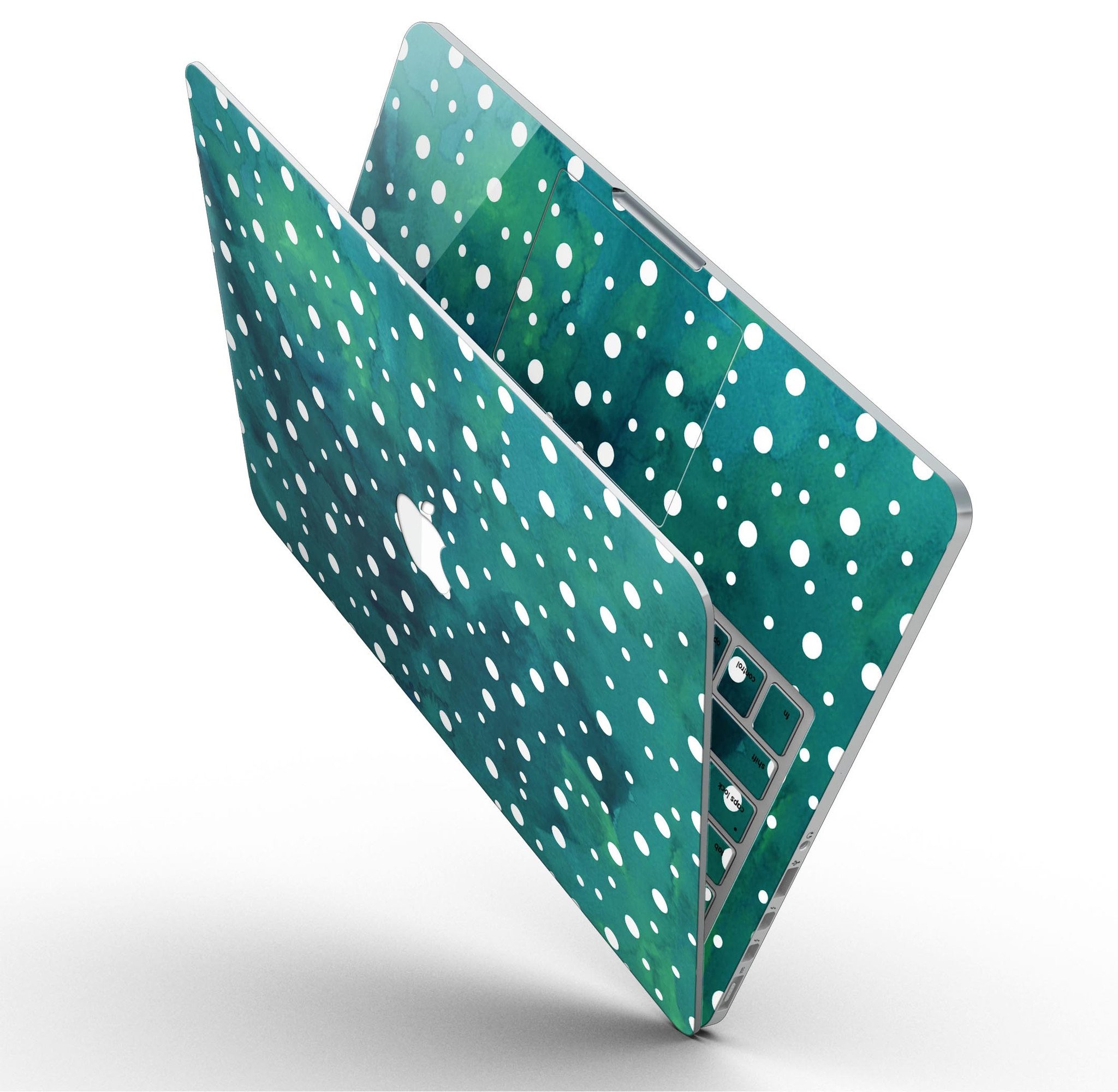 Green and White Watercolor Polka Dots skin for MacBook Pro with Retina Display, showcasing vibrant colors and a stylish design.