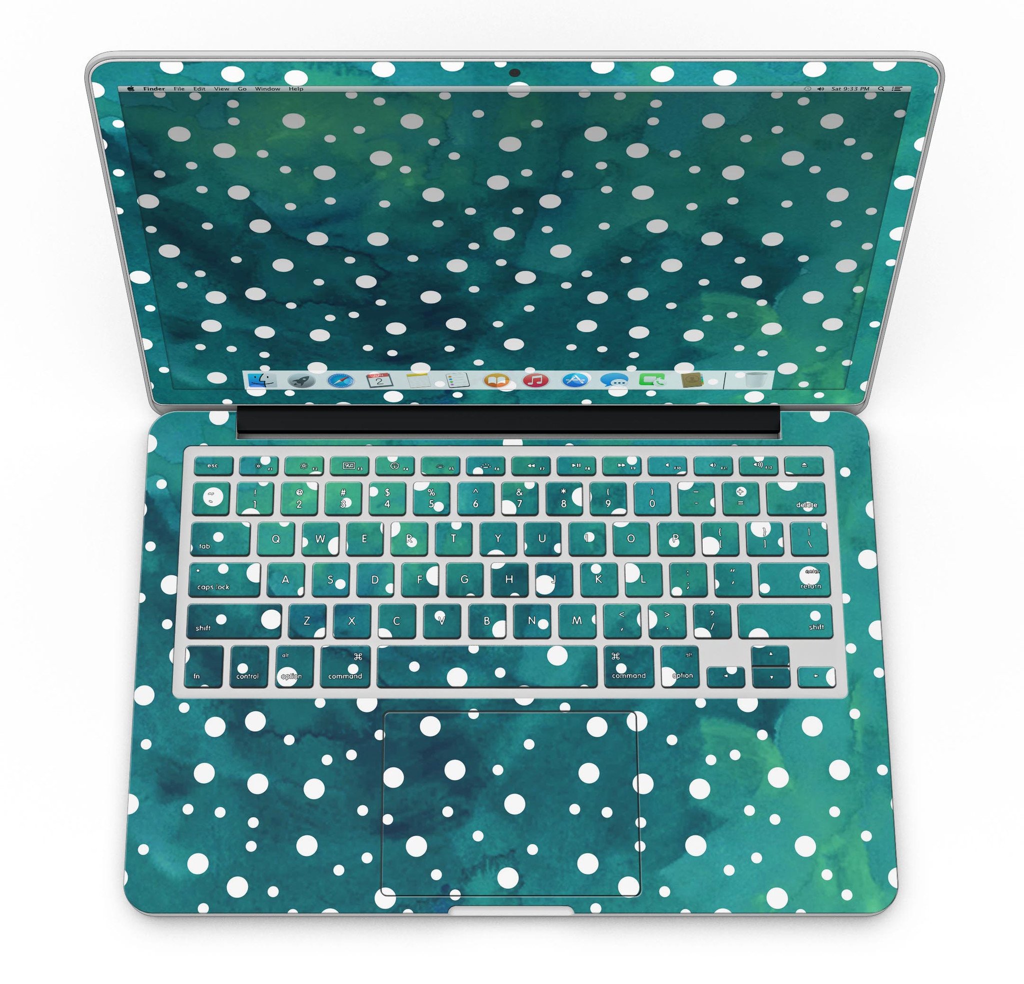 Green and White Watercolor Polka Dots skin for MacBook Pro with Retina Display, showcasing vibrant colors and a stylish design.