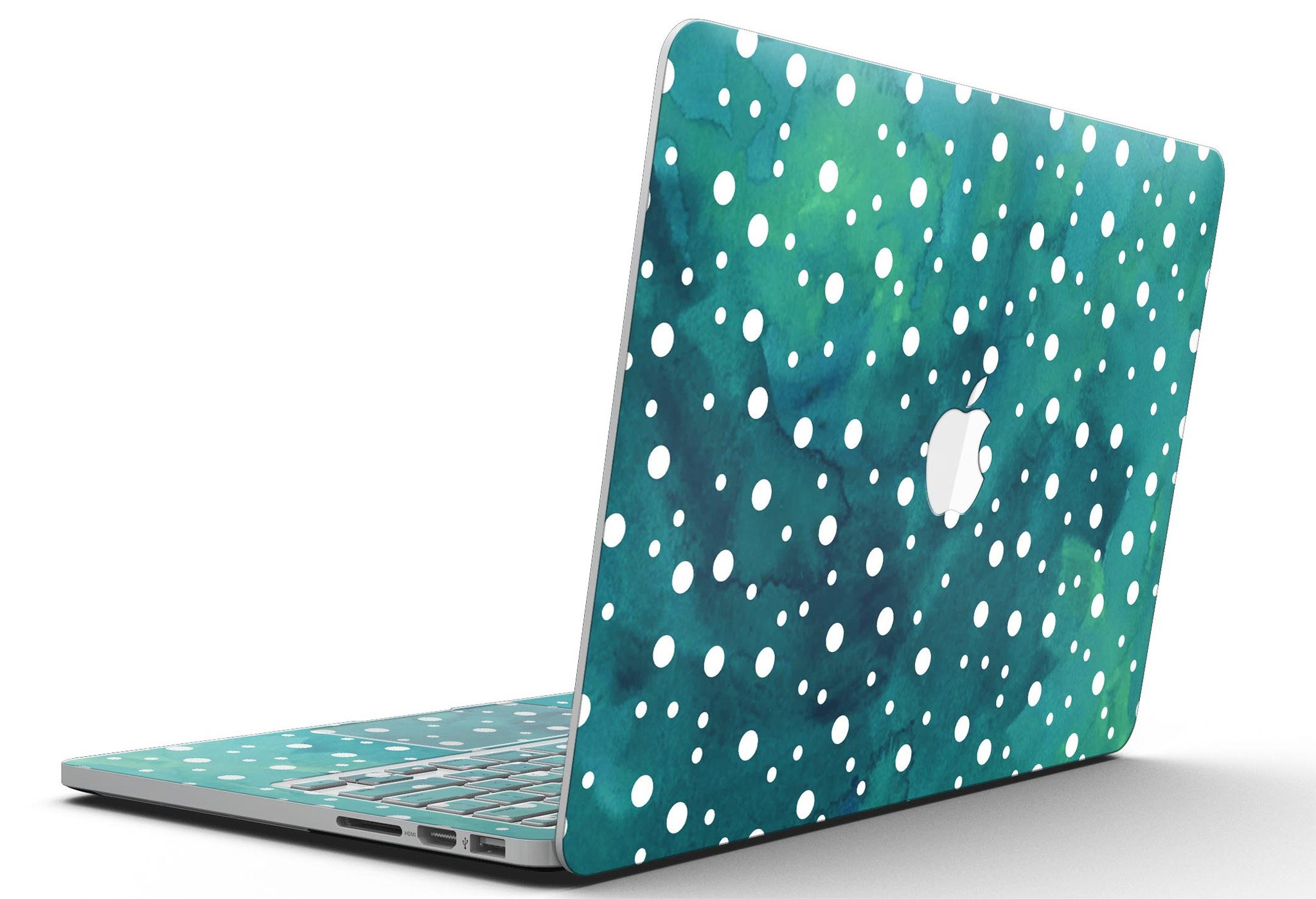 Green and White Watercolor Polka Dots skin for MacBook Pro with Retina Display, showcasing vibrant colors and a stylish design.