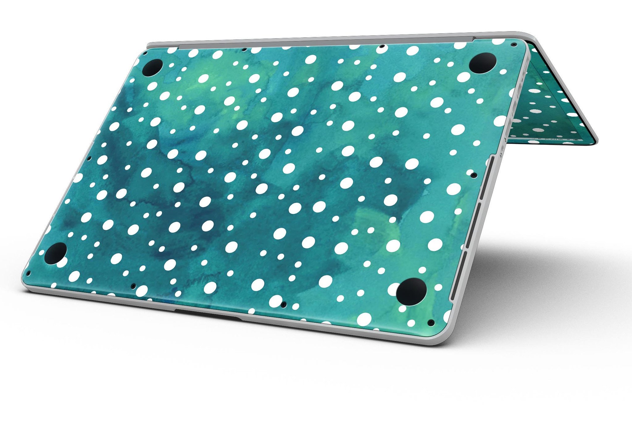 Green and White Watercolor Polka Dots skin for MacBook Pro with Retina Display, showcasing vibrant colors and a stylish design.