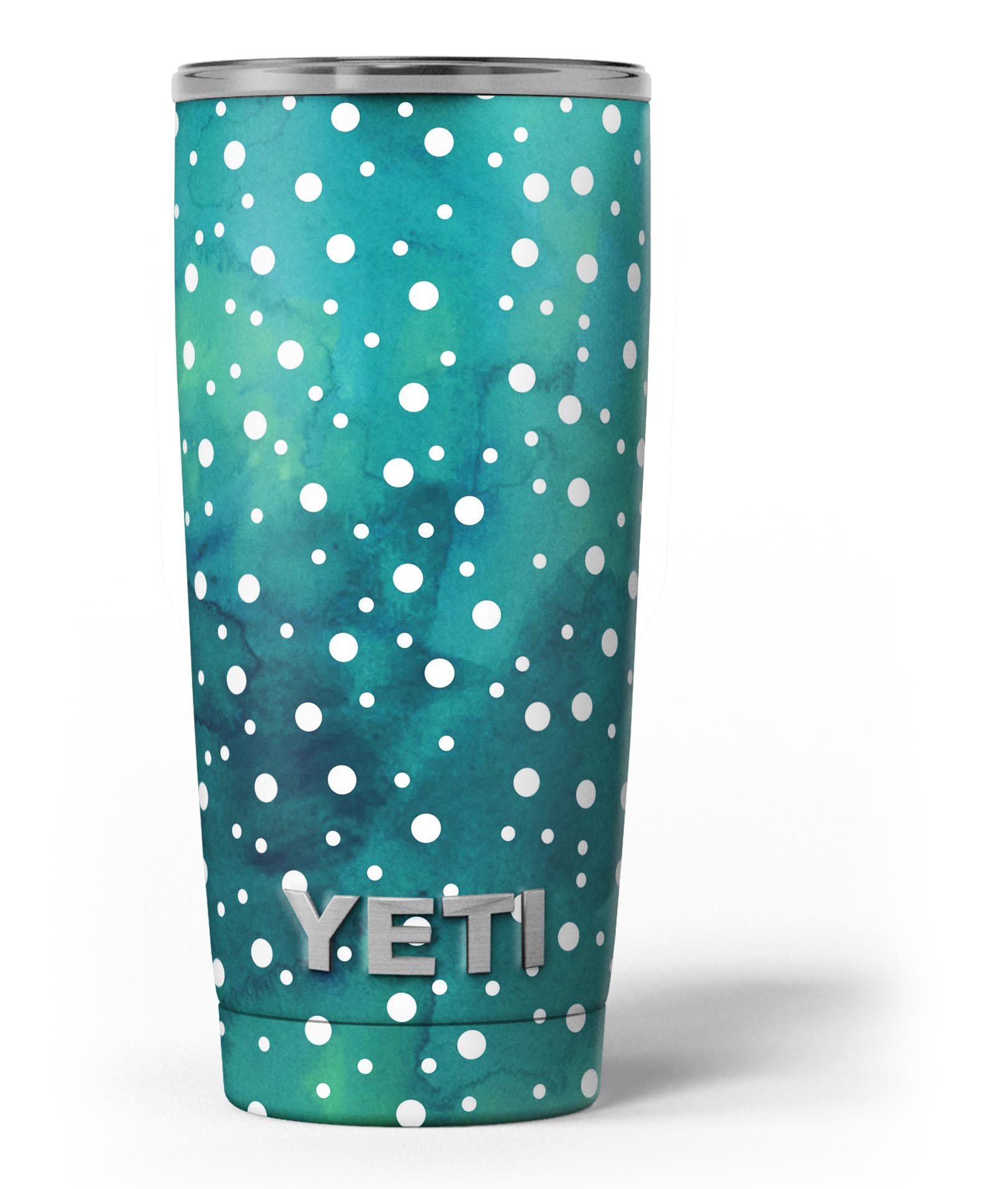 Green and White Watercolor Polka Dots skin decal vinyl wrap kit for Yeti Coolers, showcasing a vibrant and stylish design.