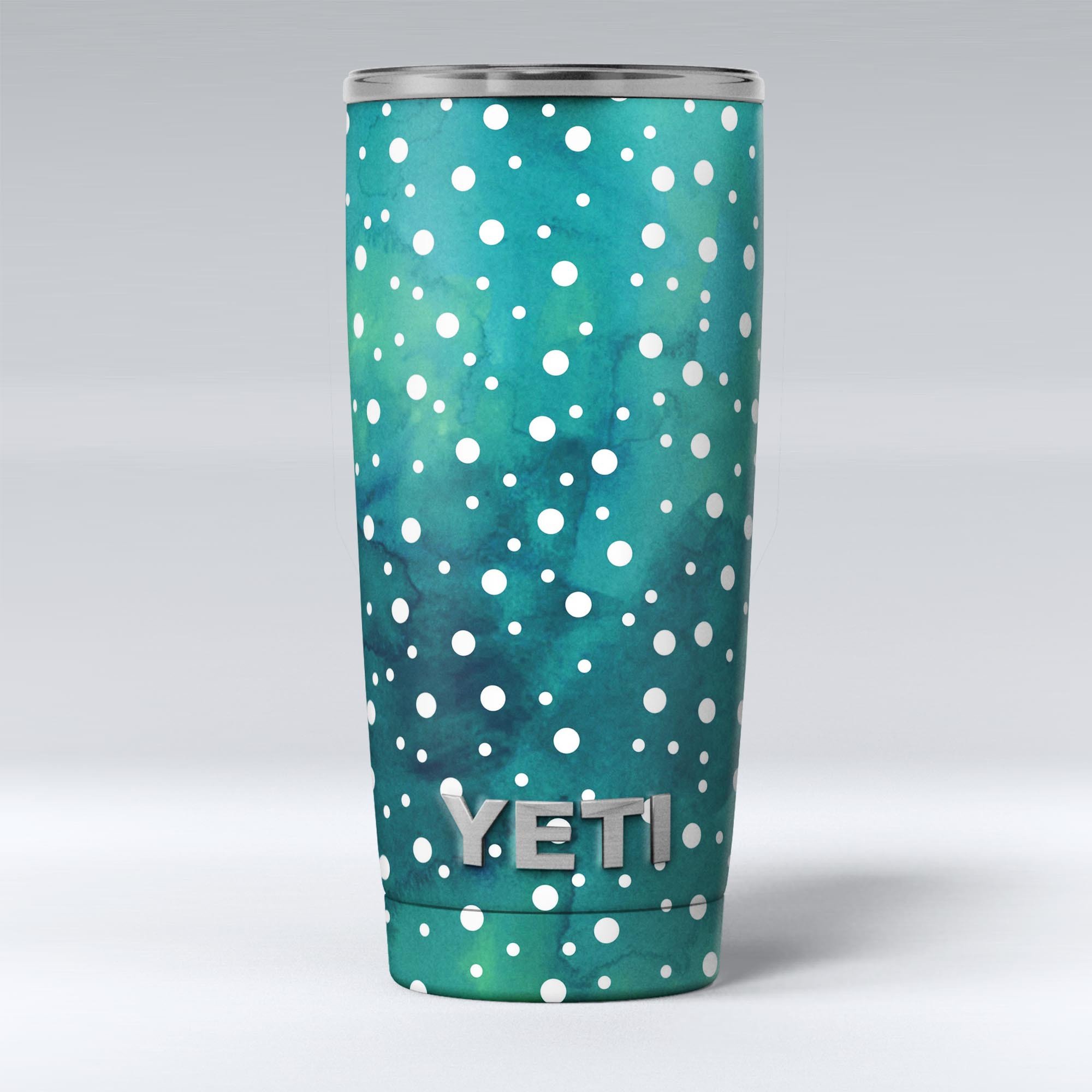 Green and White Watercolor Polka Dots skin decal vinyl wrap kit for Yeti Coolers, showcasing a vibrant and stylish design.