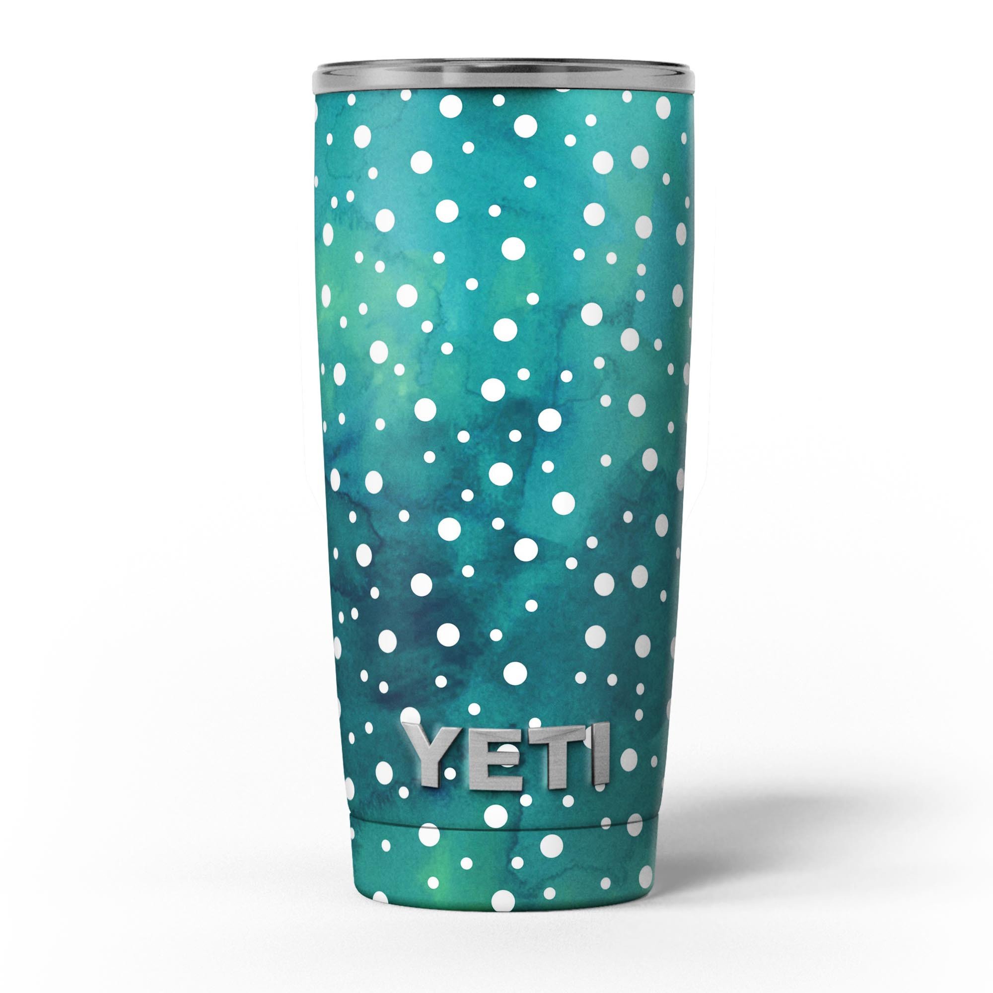 Green and White Watercolor Polka Dots skin decal vinyl wrap kit for Yeti Coolers, showcasing a vibrant and stylish design.