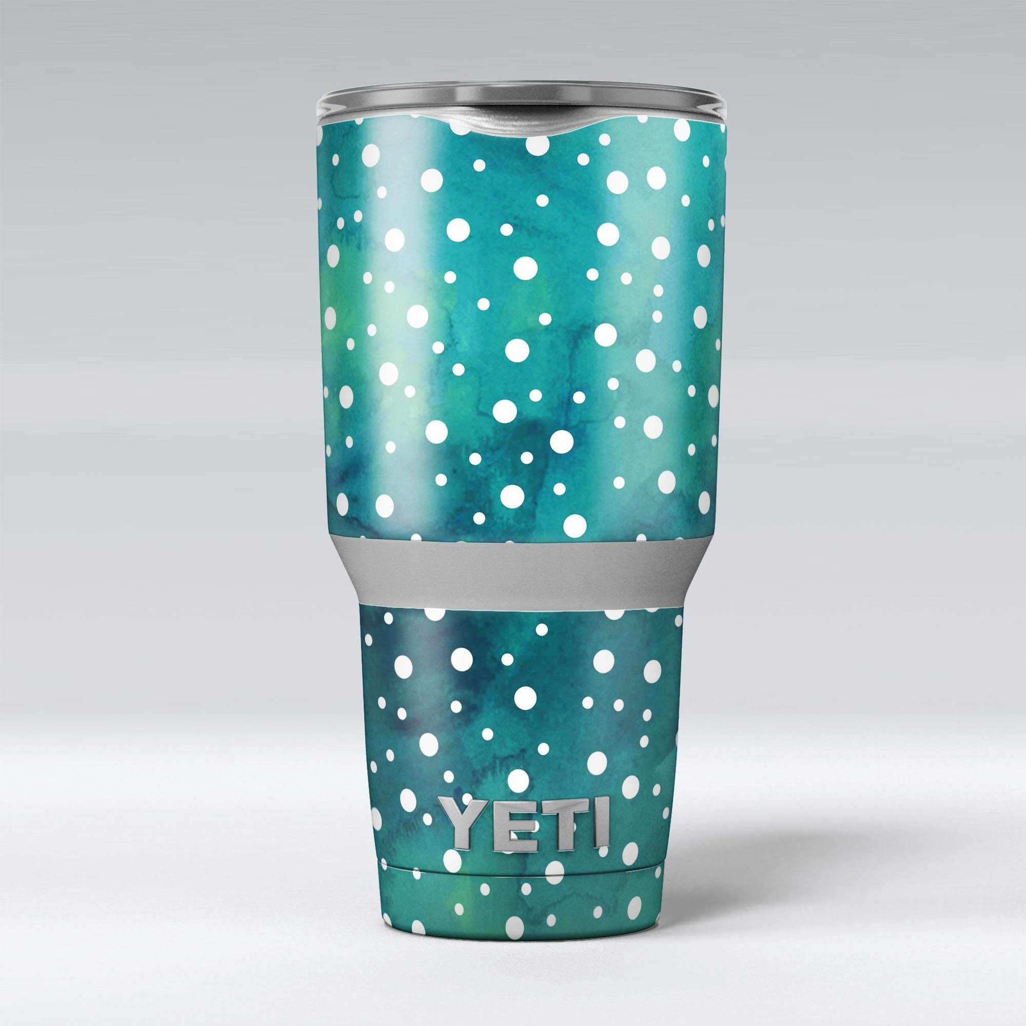 Green and White Watercolor Polka Dots skin decal vinyl wrap kit for Yeti Coolers, showcasing a vibrant and stylish design.