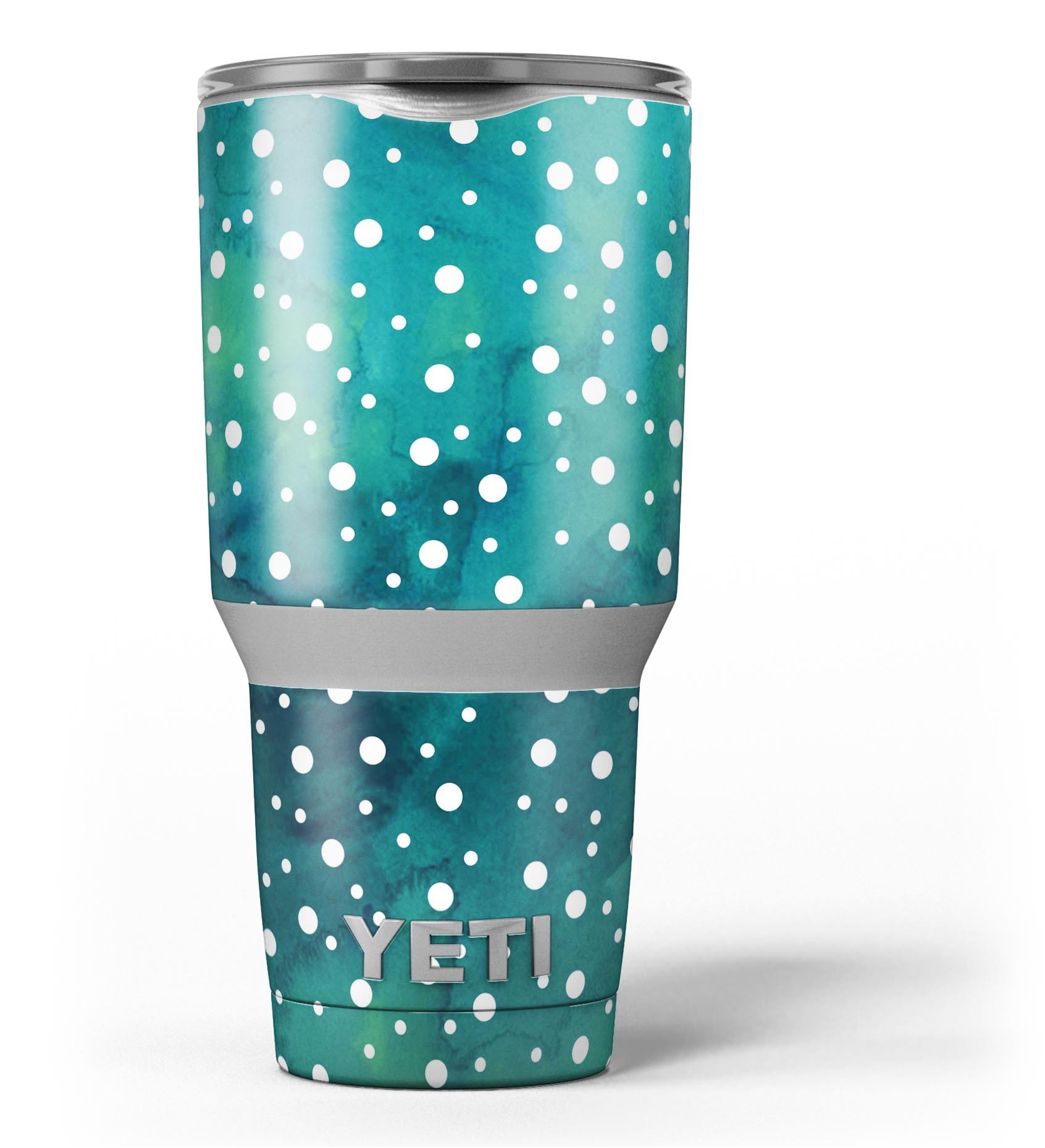 Green and White Watercolor Polka Dots skin decal vinyl wrap kit for Yeti Coolers, showcasing a vibrant and stylish design.