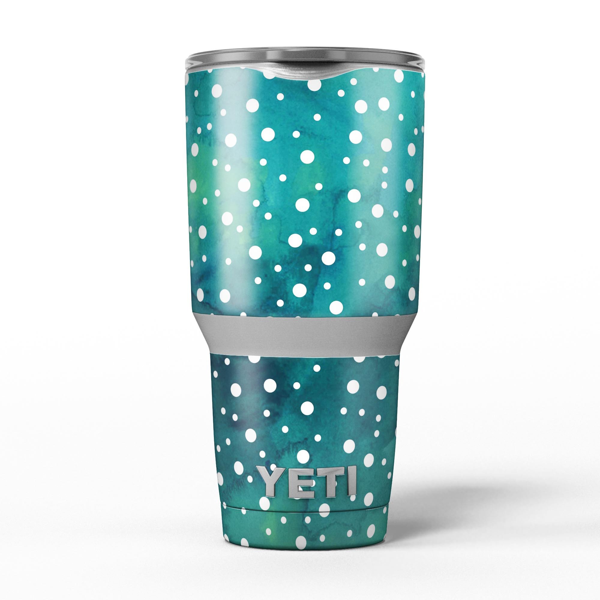 Green and White Watercolor Polka Dots skin decal vinyl wrap kit for Yeti Coolers, showcasing a vibrant and stylish design.