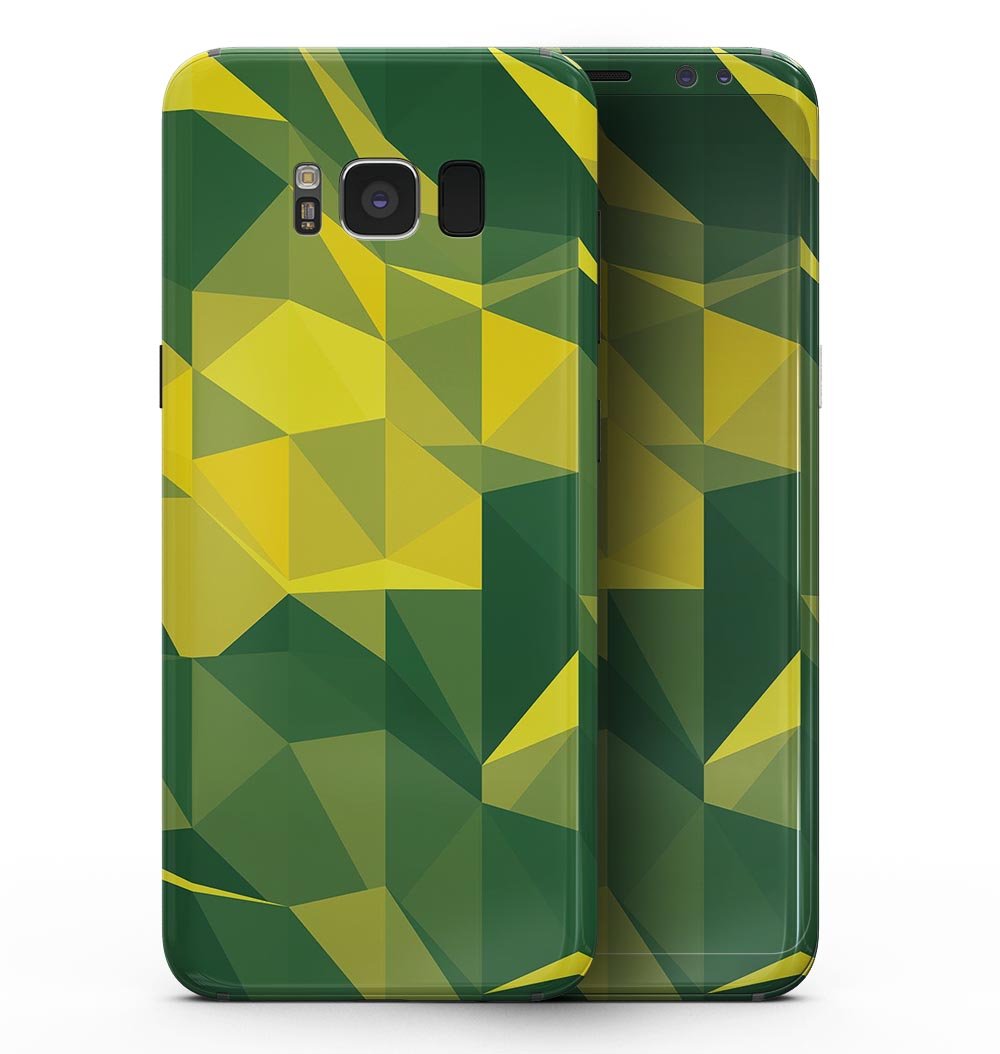 Samsung Galaxy S8 with Green and Yellow Geometric Shapes full-body skin, showcasing vibrant colors and precise fit.