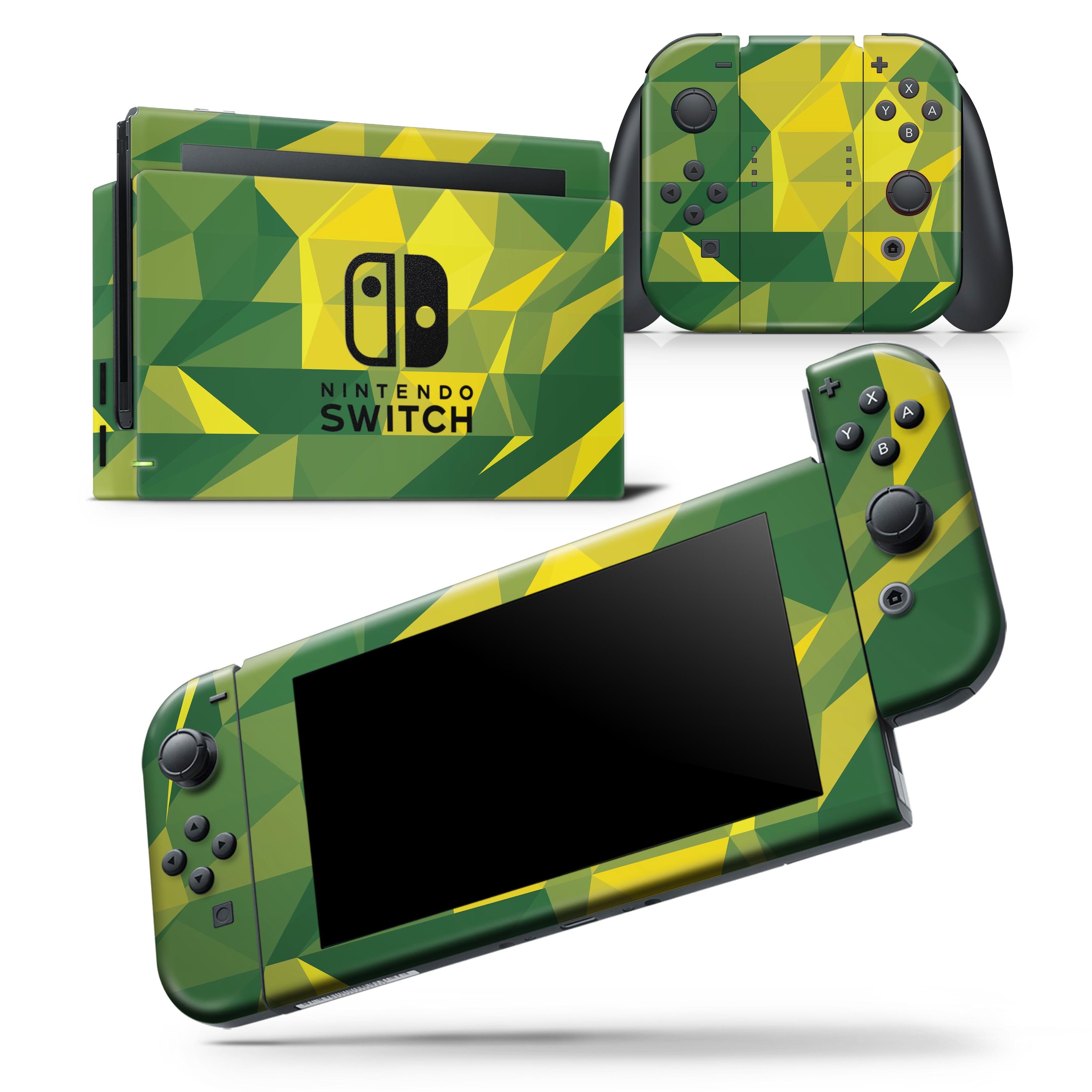 Green and Yellow Geometric Shapes skin wrap decal for Nintendo Switch, showcasing vibrant colors and a sleek design.