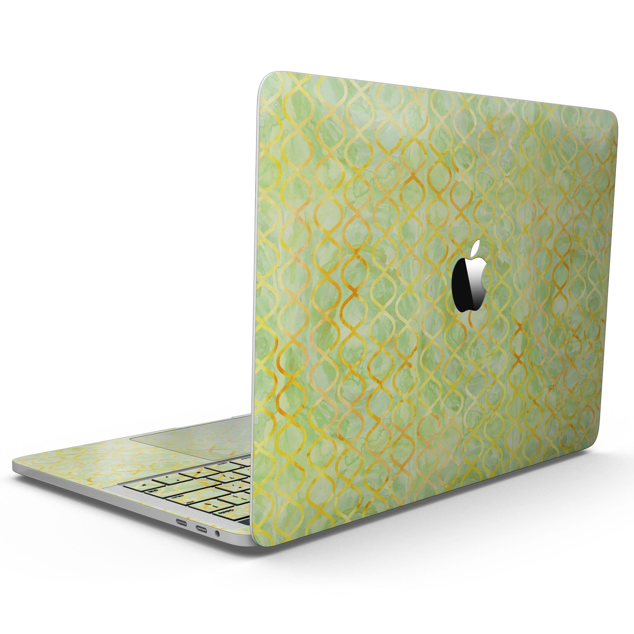 A 13" MacBook Pro with a Green and Yellow Watercolor Helix Pattern skin, showcasing vibrant colors and a sleek design.