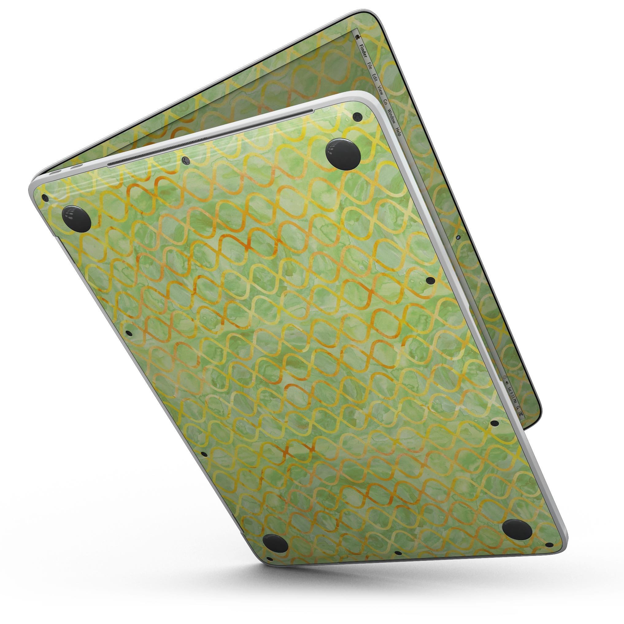 A 13" MacBook Pro with a Green and Yellow Watercolor Helix Pattern skin, showcasing vibrant colors and a sleek design.