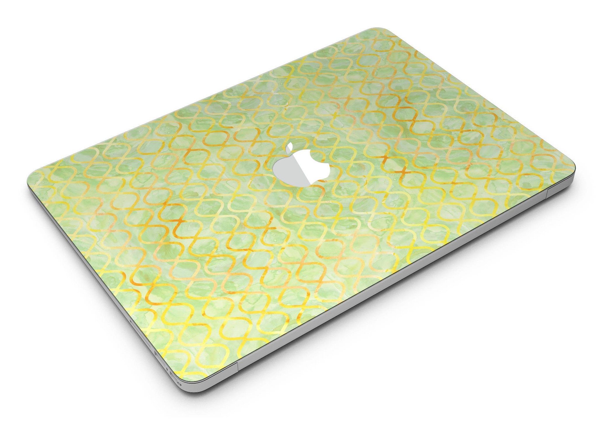 Green and yellow watercolor helix pattern MacBook Air skin, showcasing vibrant colors and stylish design.