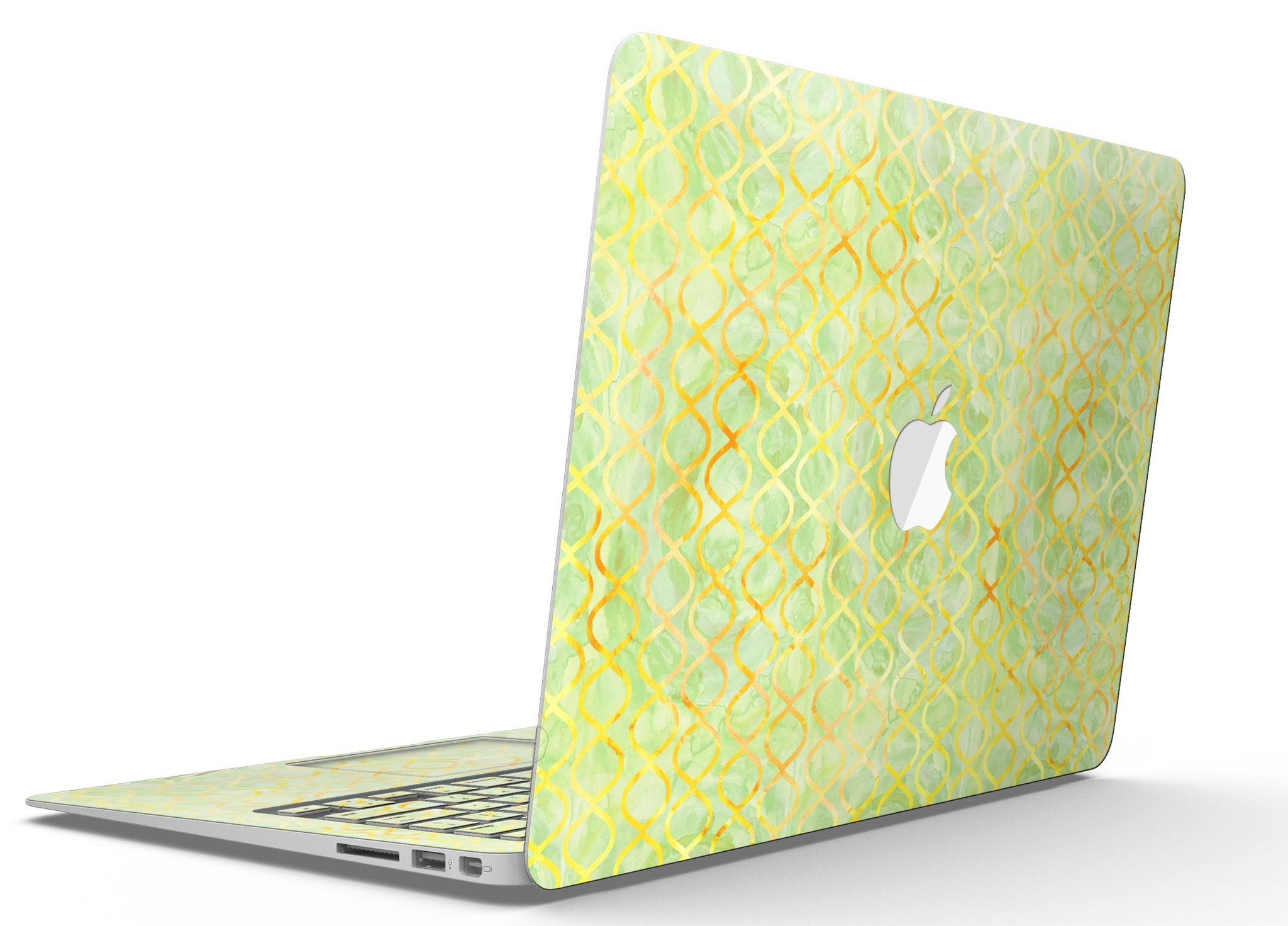 Green and yellow watercolor helix pattern MacBook Air skin, showcasing vibrant colors and stylish design.