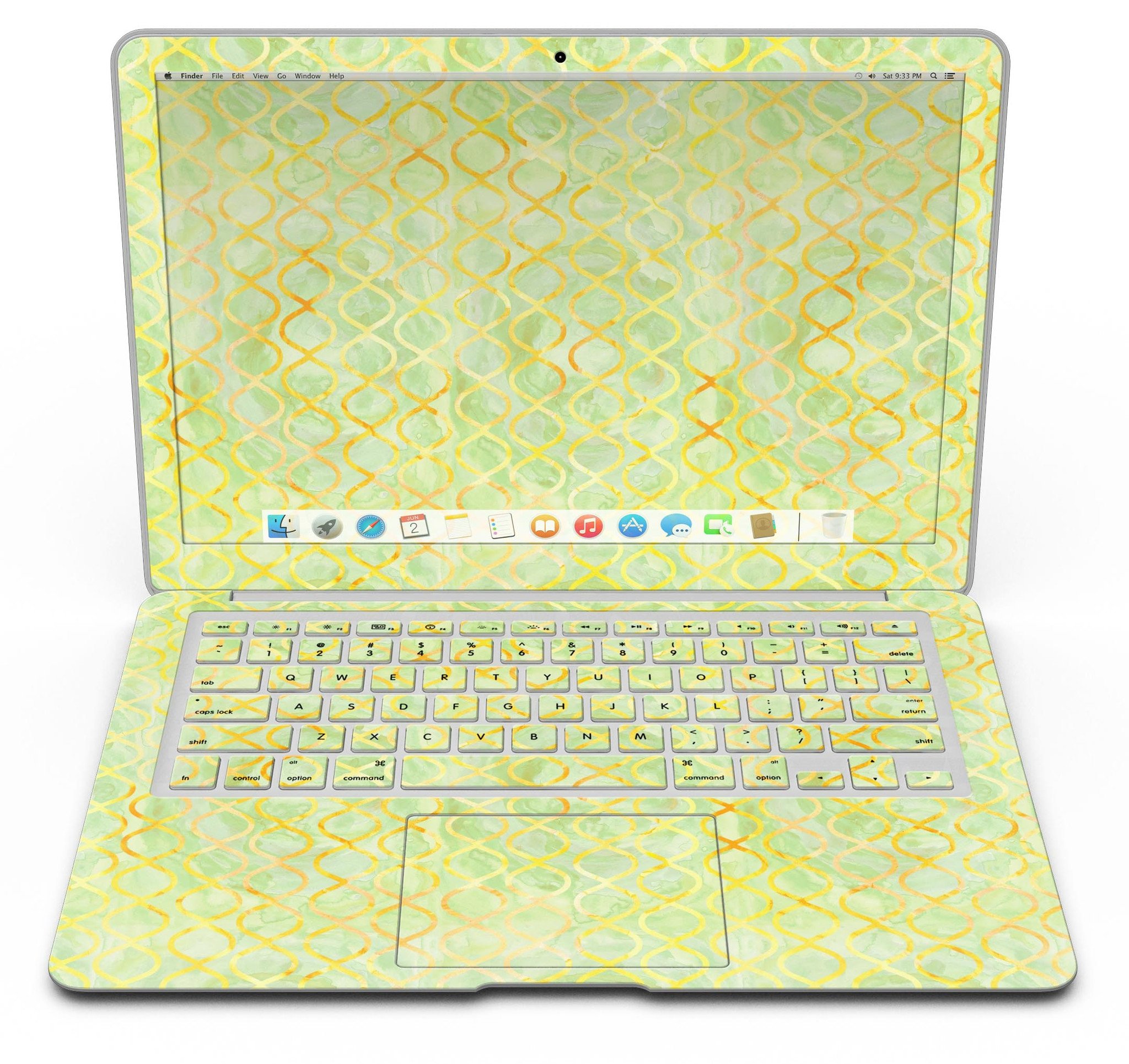 Green and yellow watercolor helix pattern MacBook Air skin, showcasing vibrant colors and stylish design.