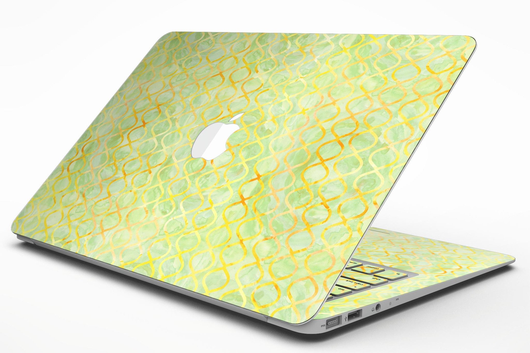 Green and yellow watercolor helix pattern MacBook Air skin, showcasing vibrant colors and stylish design.