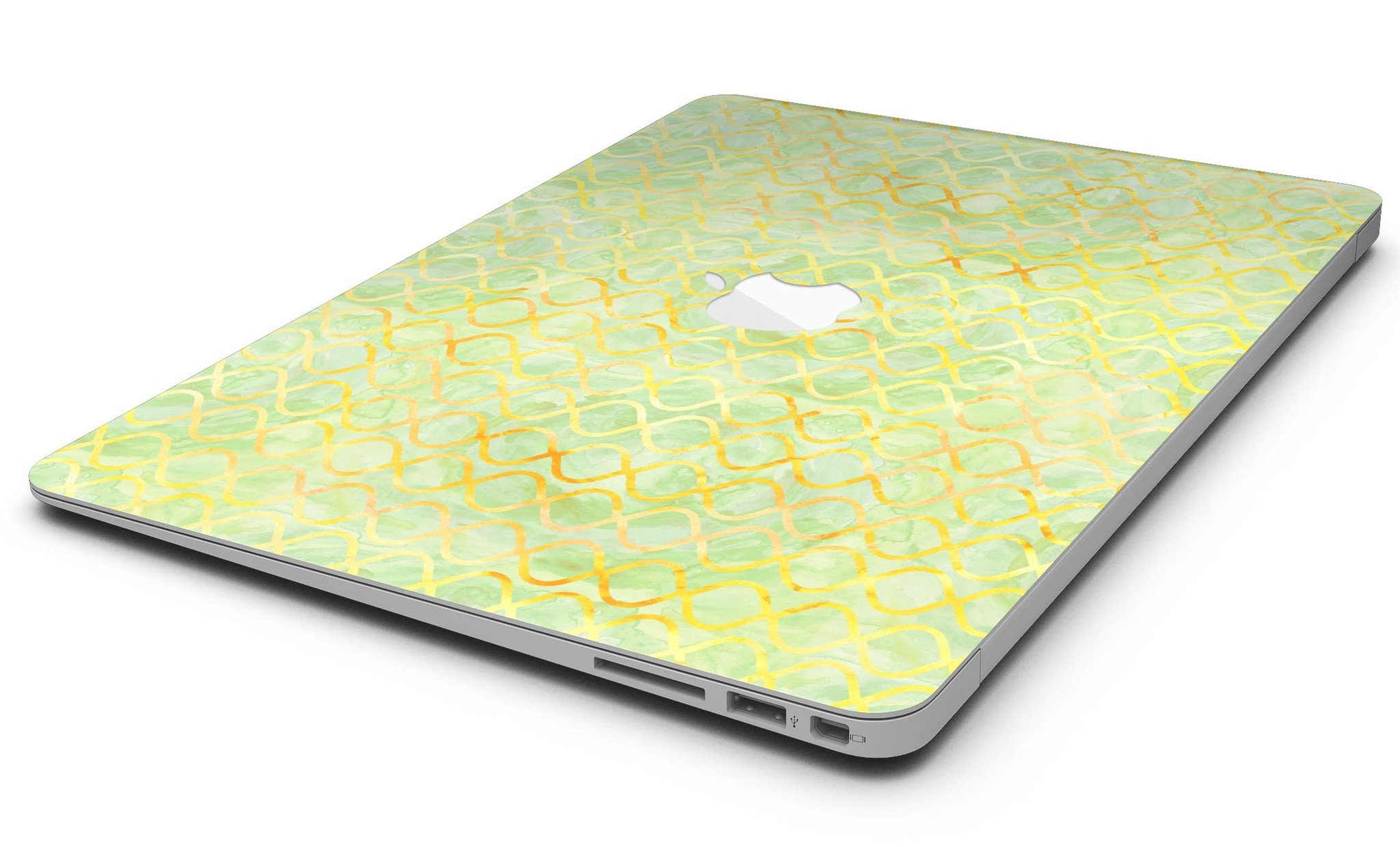 Green and yellow watercolor helix pattern MacBook Air skin, showcasing vibrant colors and stylish design.
