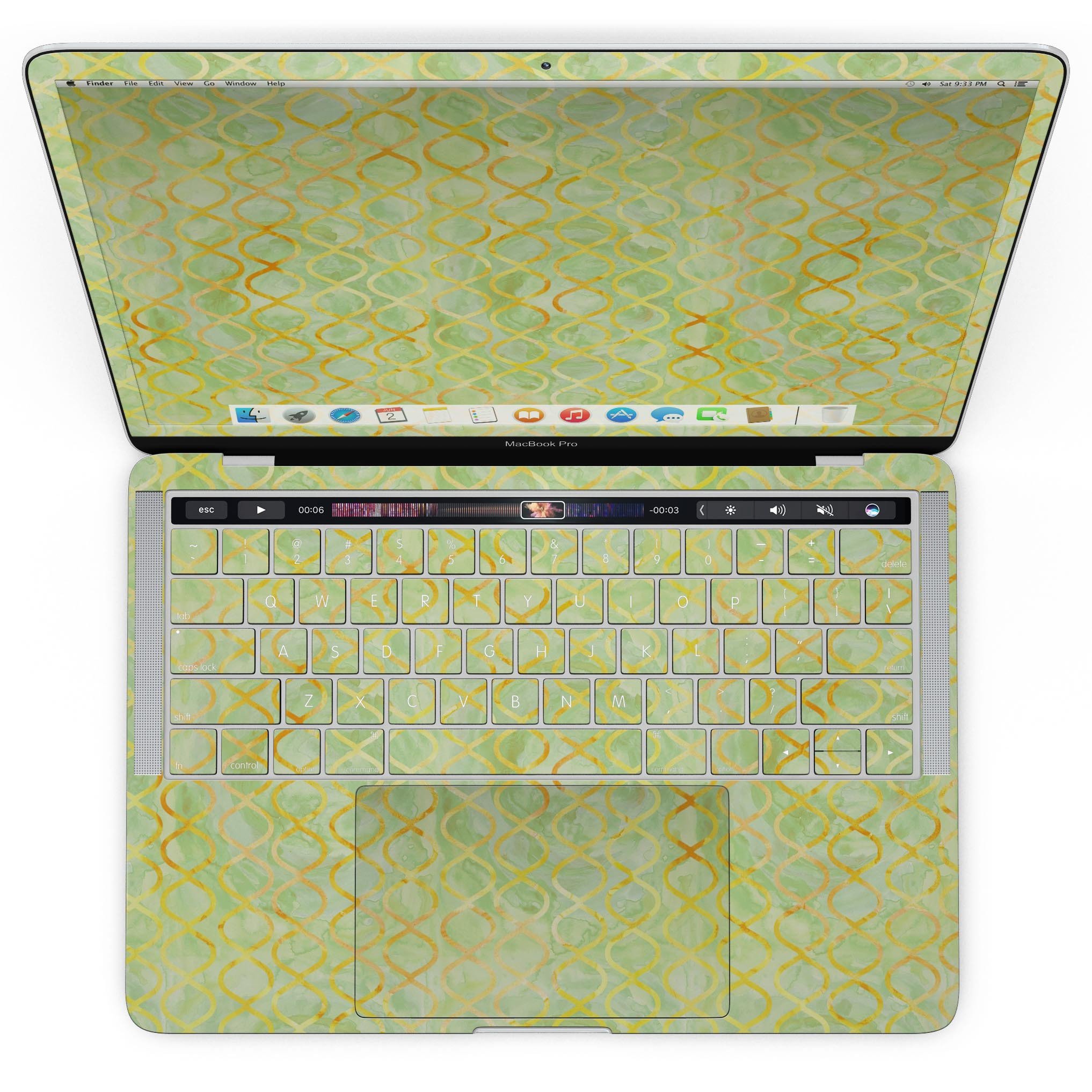 Green and yellow watercolor helix pattern skin for MacBook Pro with Touch Bar, showcasing vibrant colors and a stylish design.