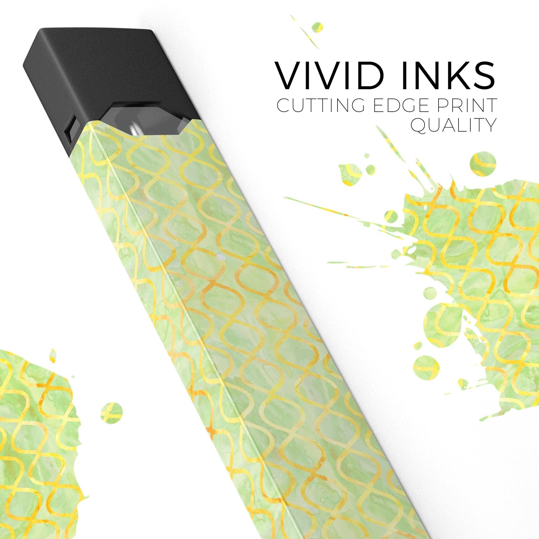 Green and Yellow Watercolor Helix Pattern decal designed for JUUL vaping device, showcasing vibrant colors and intricate design.