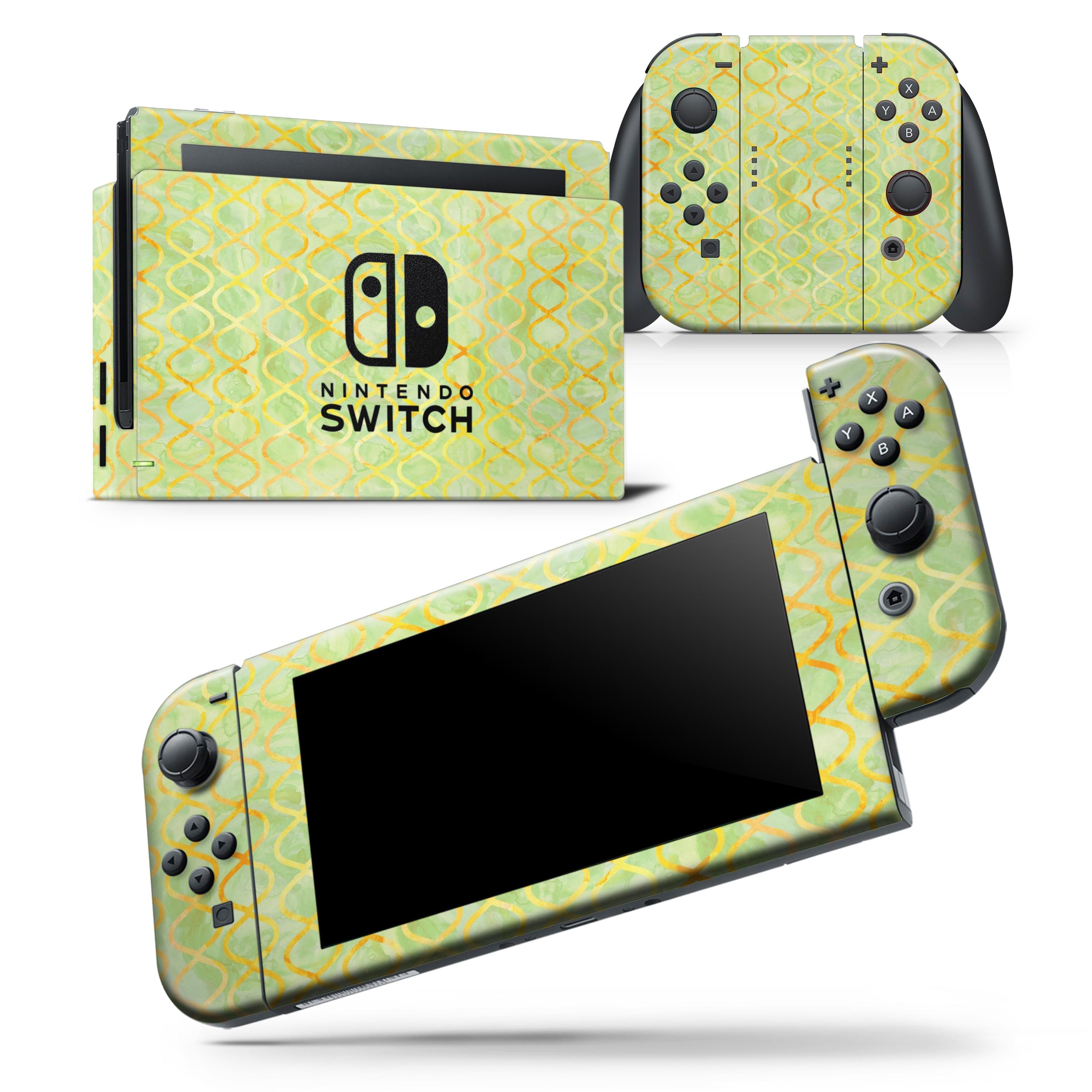 Green and Yellow Watercolor Helix Pattern skin wrap decal for Nintendo Switch, showcasing vibrant colors and intricate design.