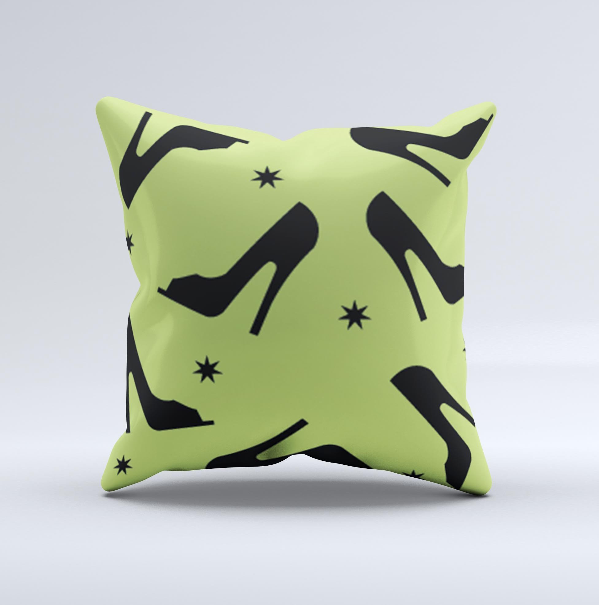 Green and black decorative throw pillow featuring a high-heel pattern, showcasing a unique hand-made design with vibrant colors.