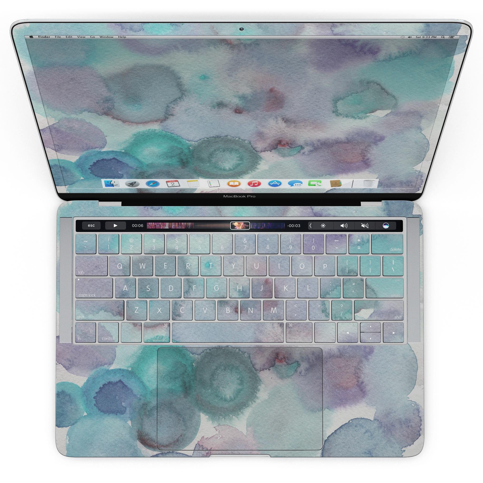 Green Blotted WaterColor Texture skin for MacBook Pro with Touch Bar, showcasing vibrant colors and a sleek design.