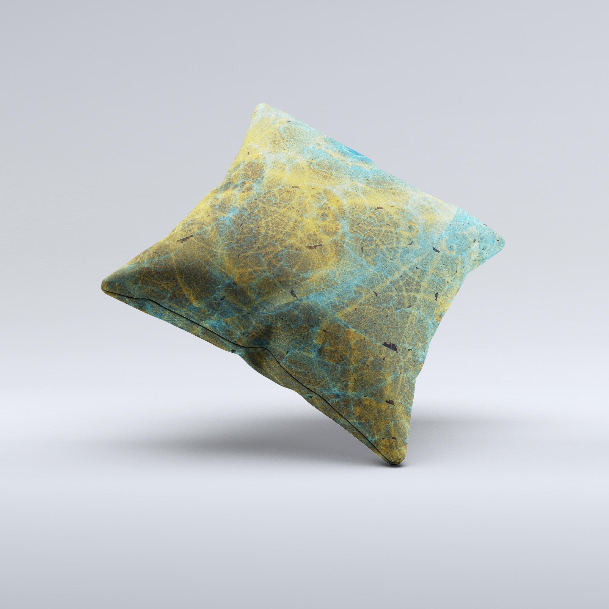 Handcrafted Green Blue and Brown Water Texture ink-Fuzed Decorative Throw Pillow with unique design and high-quality fabric.