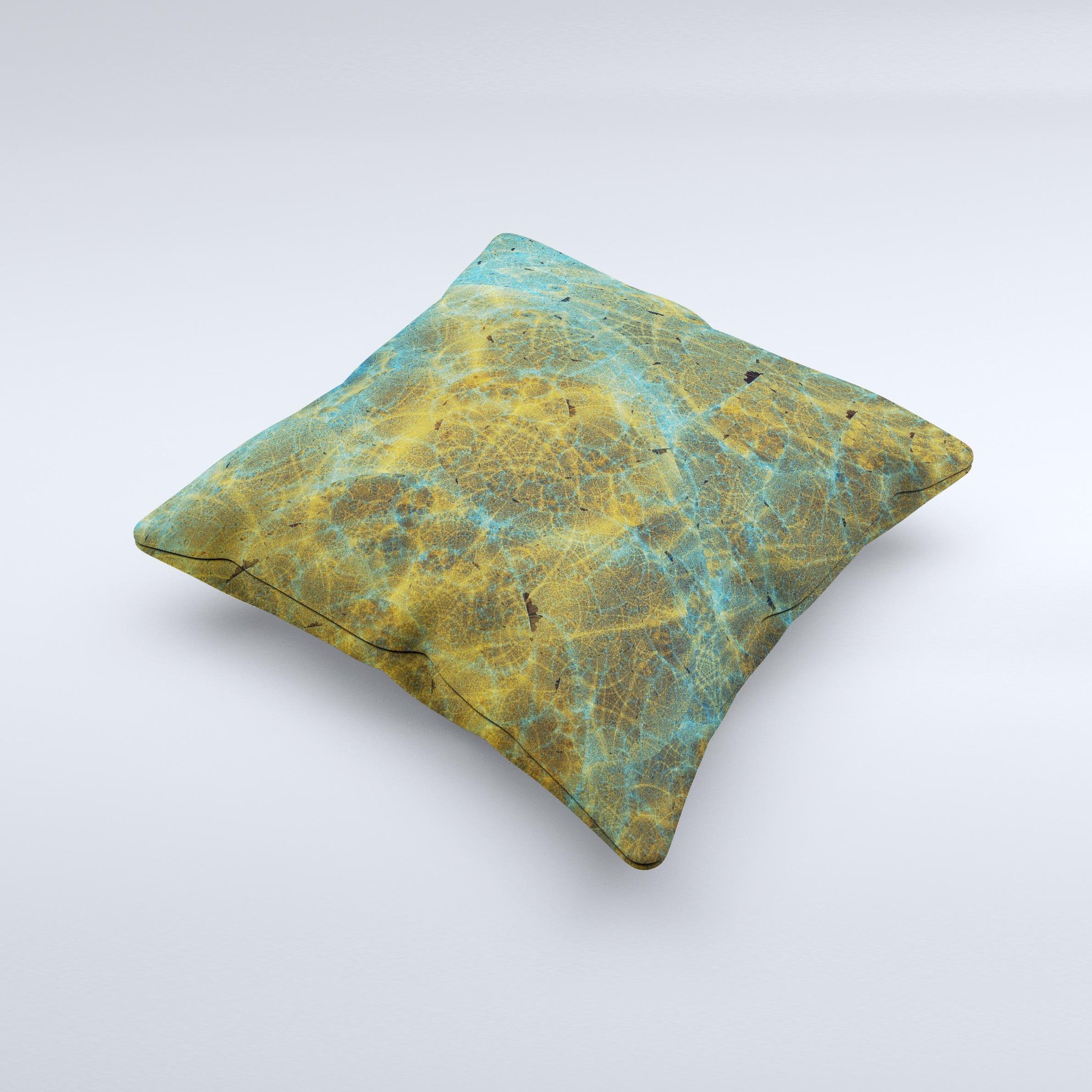 Handcrafted Green Blue and Brown Water Texture ink-Fuzed Decorative Throw Pillow with unique design and high-quality fabric.