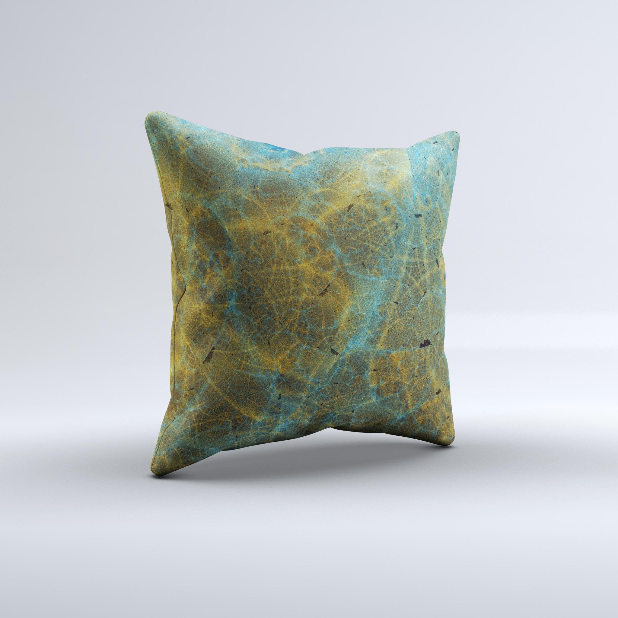 Handcrafted Green Blue and Brown Water Texture ink-Fuzed Decorative Throw Pillow with unique design and high-quality fabric.