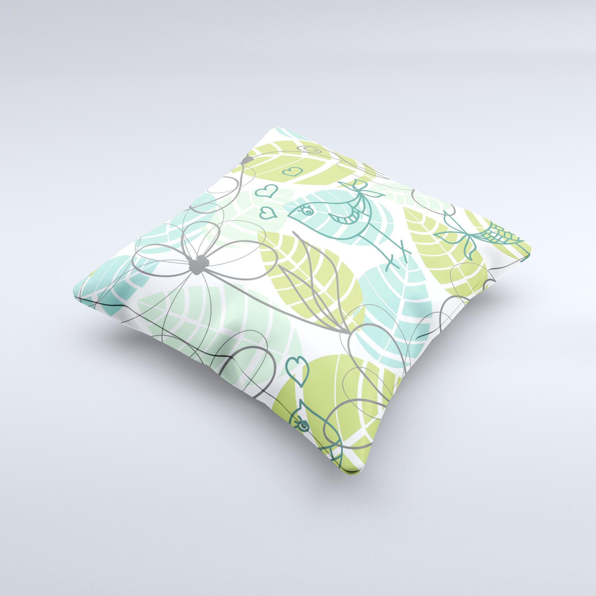 Green blue decorative throw pillow featuring subtle seamless leaves design, handmade in Virginia with high-quality materials.