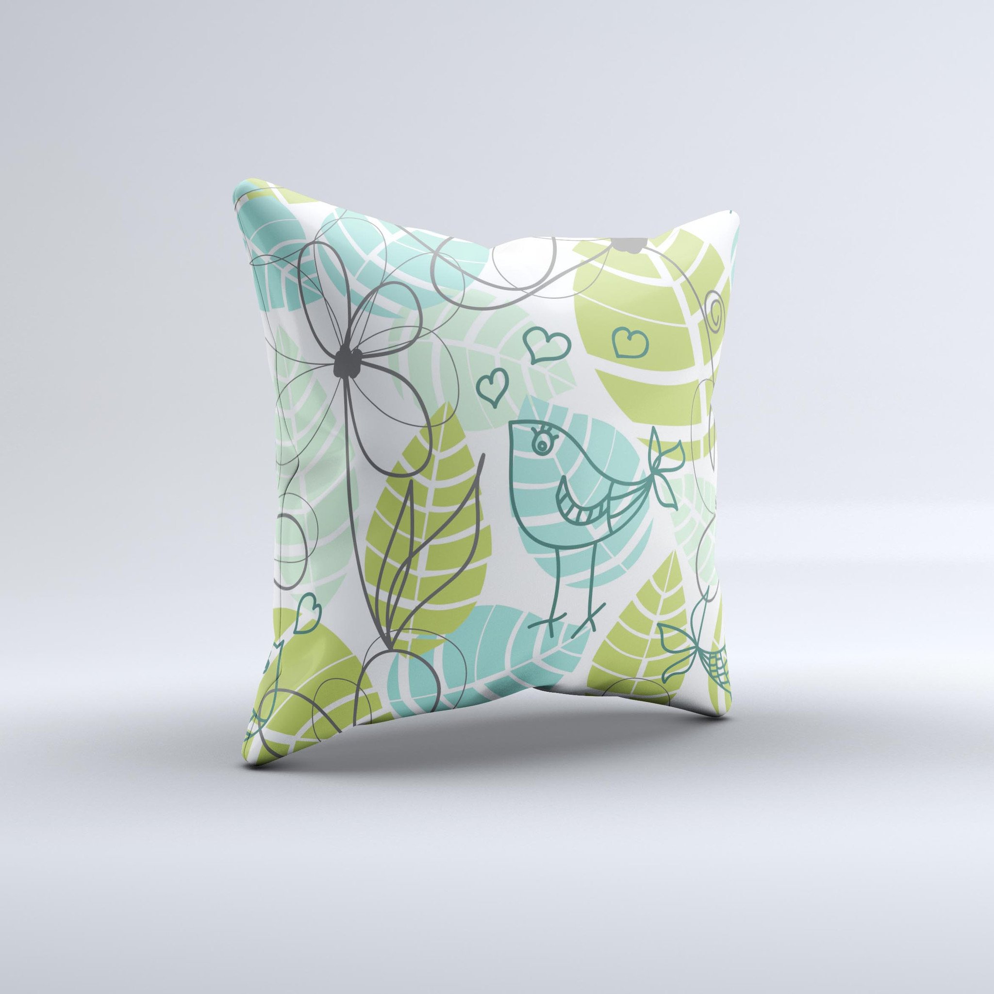Green blue decorative throw pillow featuring subtle seamless leaves design, handmade in Virginia with high-quality materials.