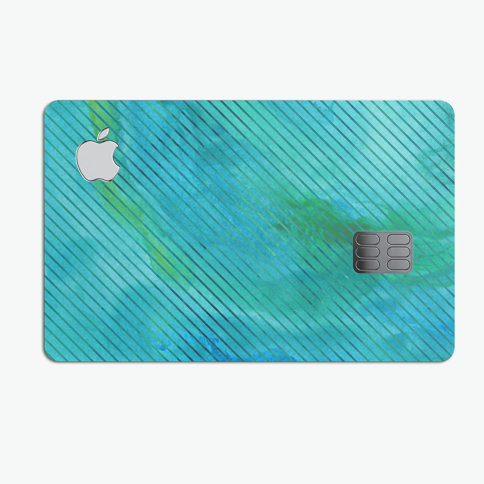 Green Blue Watercolor Stripes decal skin for Apple Card, showcasing vibrant colors and premium vinyl material.