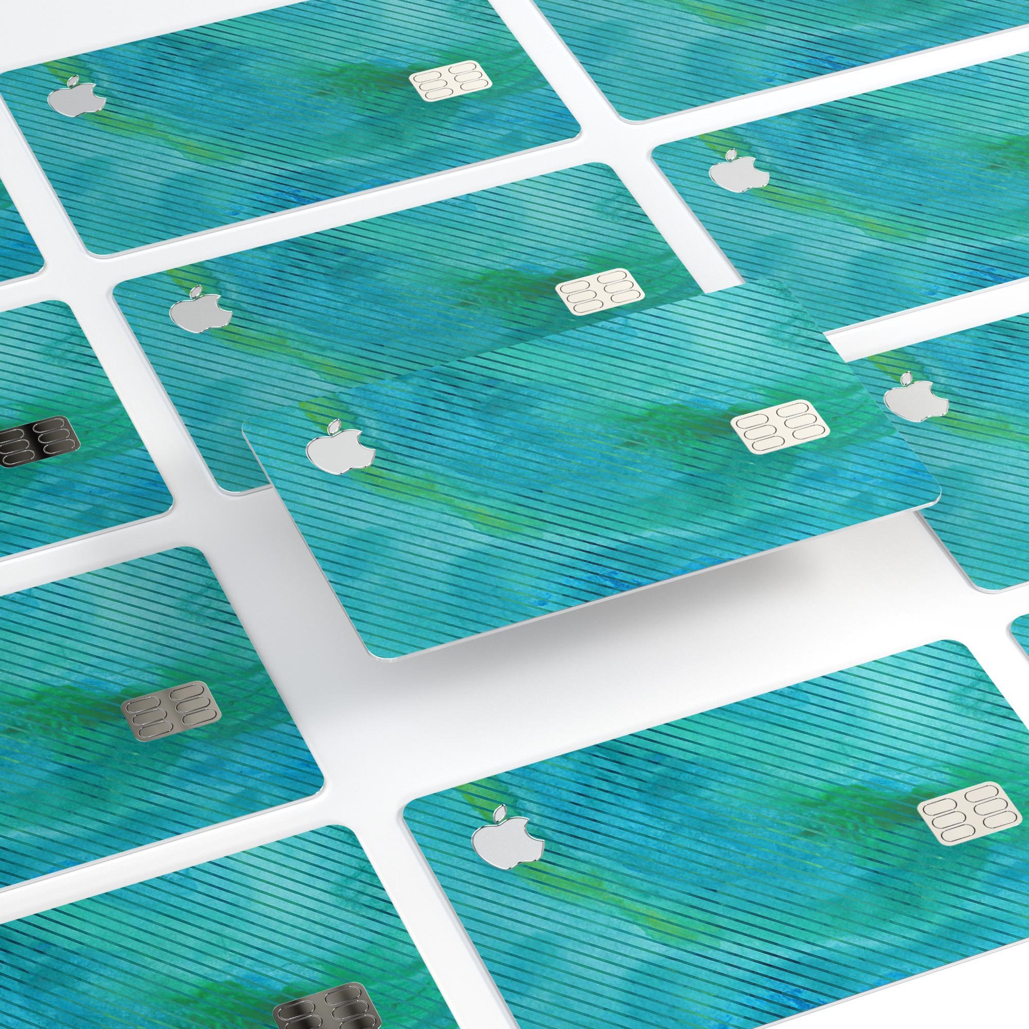 Green Blue Watercolor Stripes decal skin for Apple Card, showcasing vibrant colors and premium vinyl material.
