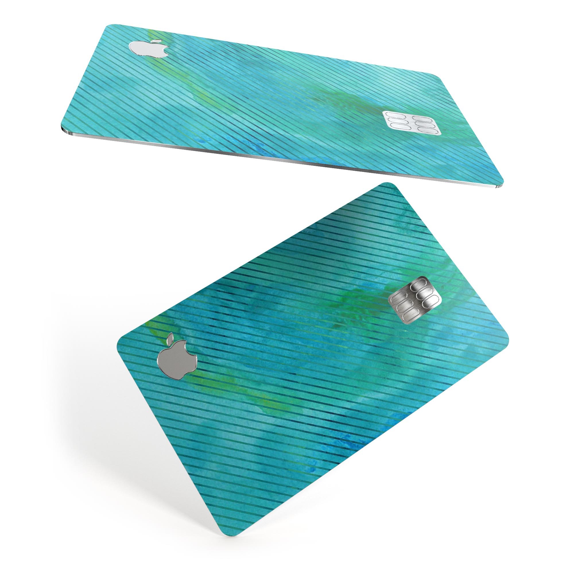 Green Blue Watercolor Stripes decal skin for Apple Card, showcasing vibrant colors and premium vinyl material.