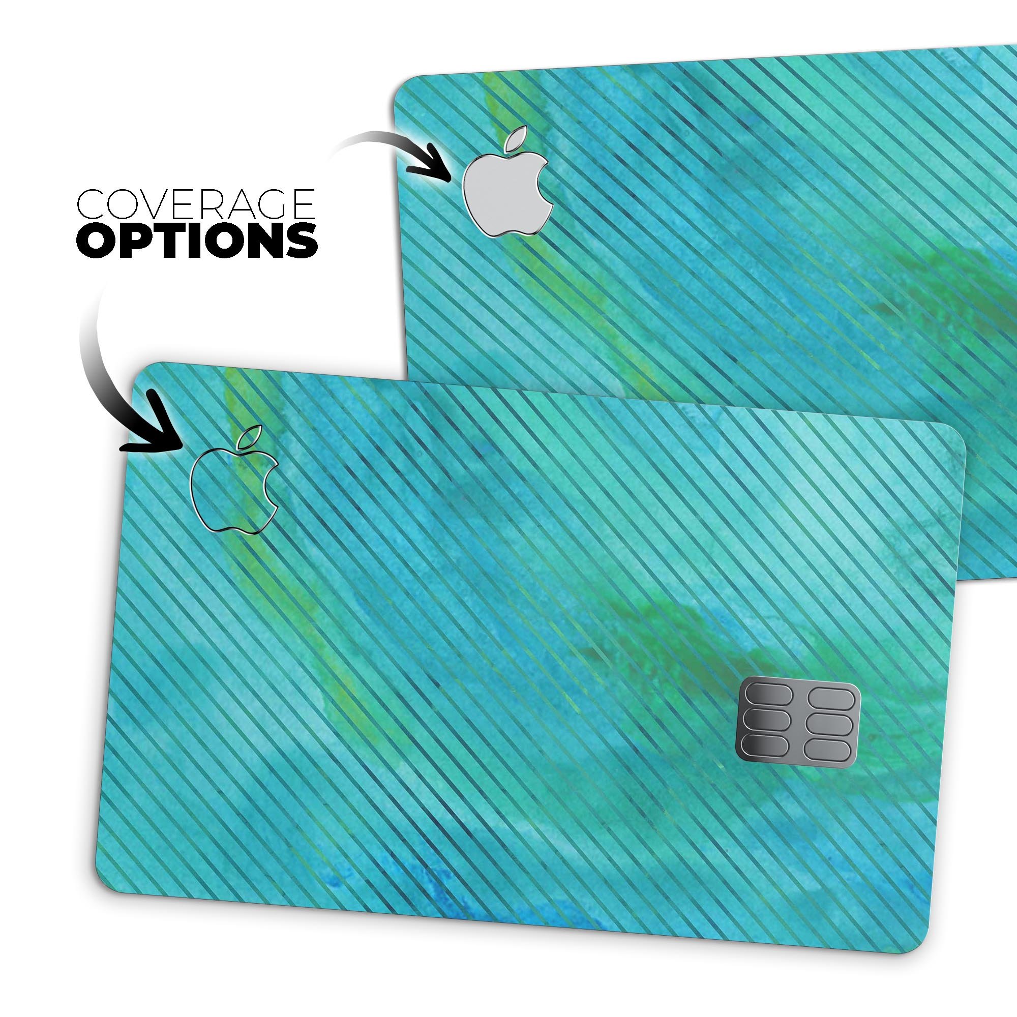 Green Blue Watercolor Stripes decal skin for Apple Card, showcasing vibrant colors and premium vinyl material.
