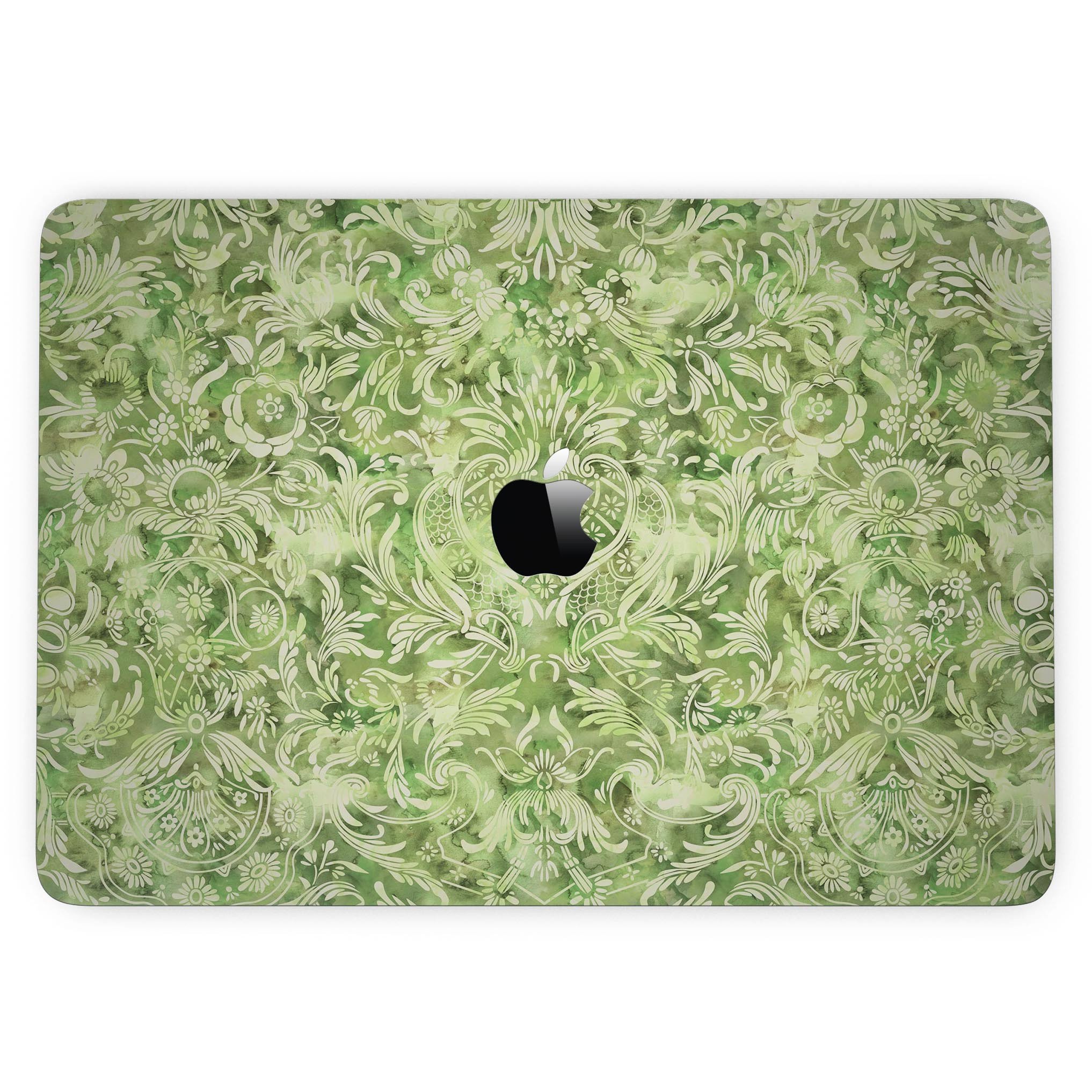 Green Damask v2 Watercolor Pattern skin for 13" MacBook Pro without Touch Bar, showcasing vibrant colors and intricate design.