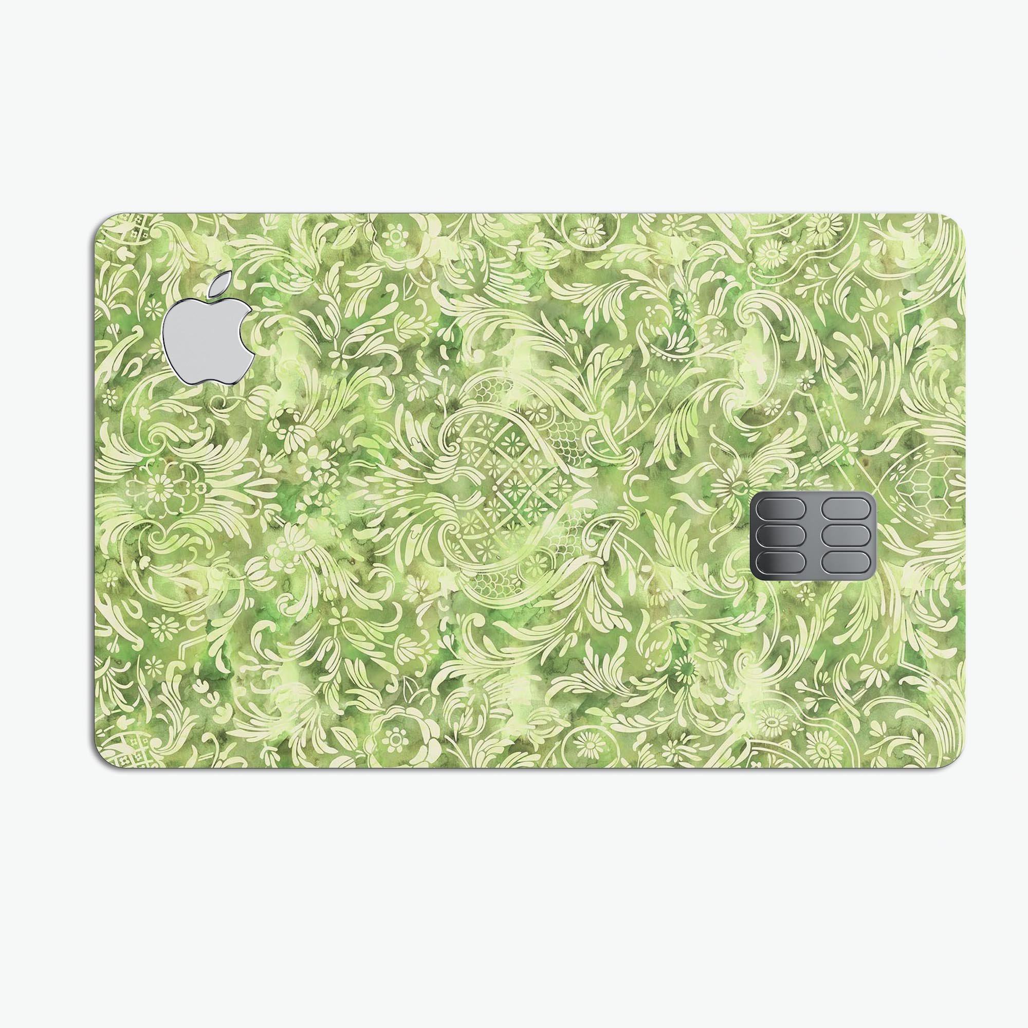 Green Damask v2 Watercolor Pattern Premium Protective Decal for Apple Card, showcasing intricate design and high-quality finish.