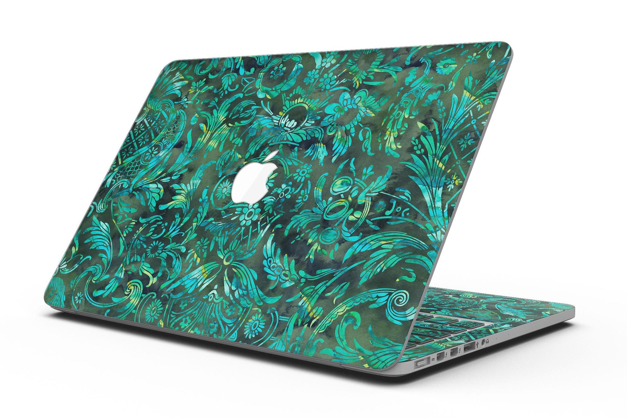 Green Damask Watercolor Pattern skin for MacBook Pro with Retina Display, showcasing vibrant colors and intricate design.