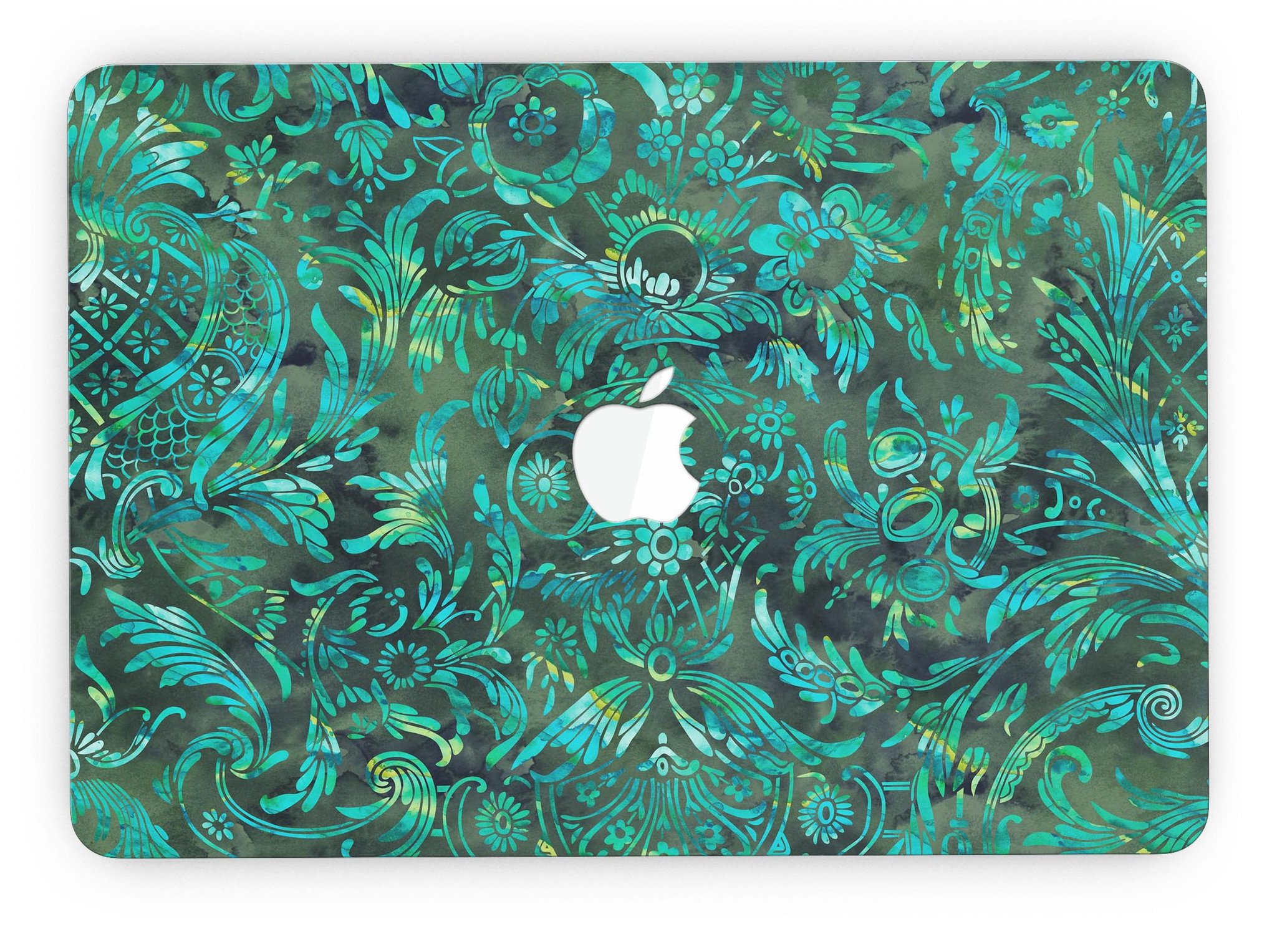 Green Damask Watercolor Pattern skin for MacBook Pro with Retina Display, showcasing vibrant colors and intricate design.