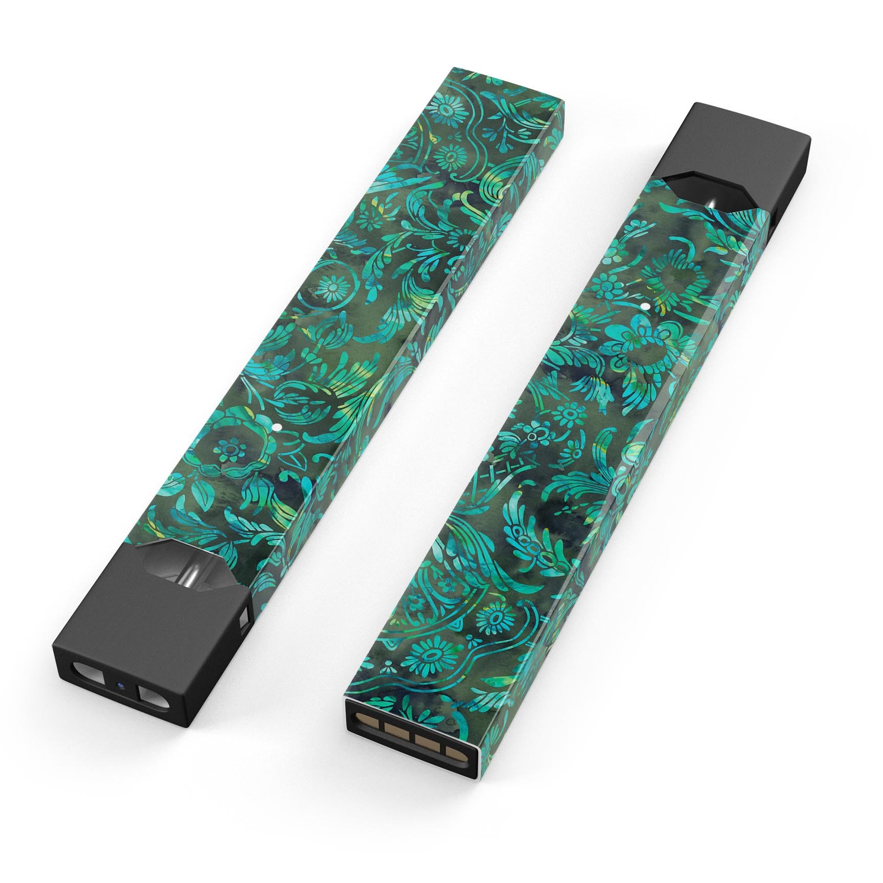 Green Damask Watercolor Pattern skin-wrap for JUUL device, showcasing vibrant colors and intricate design.