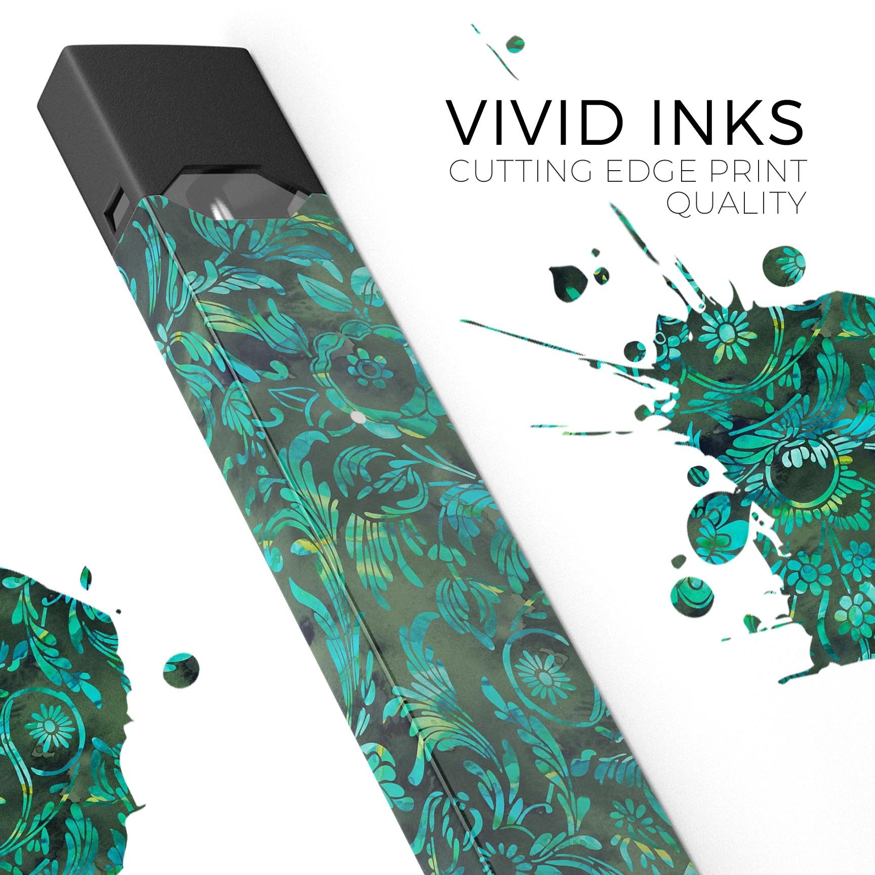 Green Damask Watercolor Pattern skin-wrap for JUUL device, showcasing vibrant colors and intricate design.