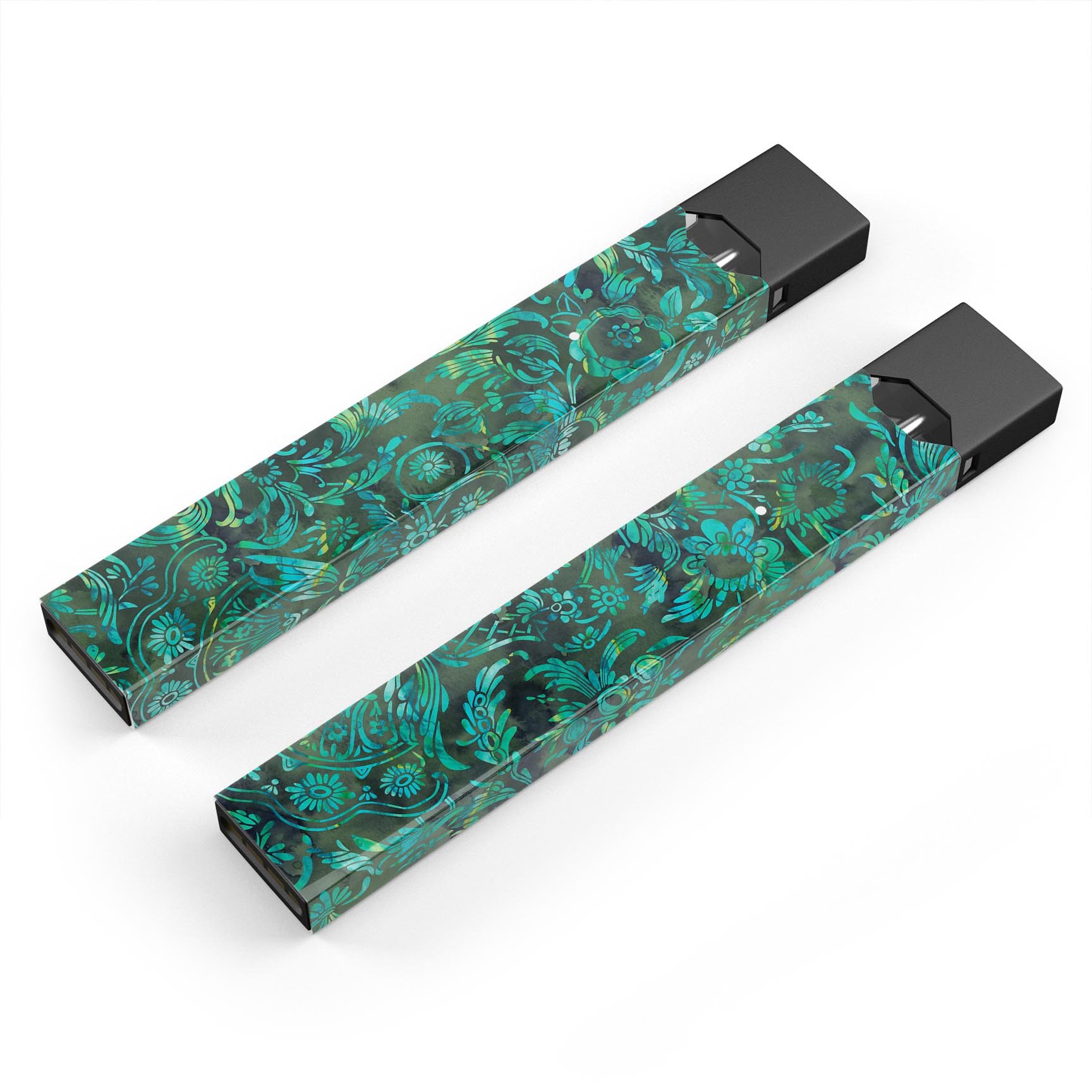 Green Damask Watercolor Pattern skin-wrap for JUUL device, showcasing vibrant colors and intricate design.
